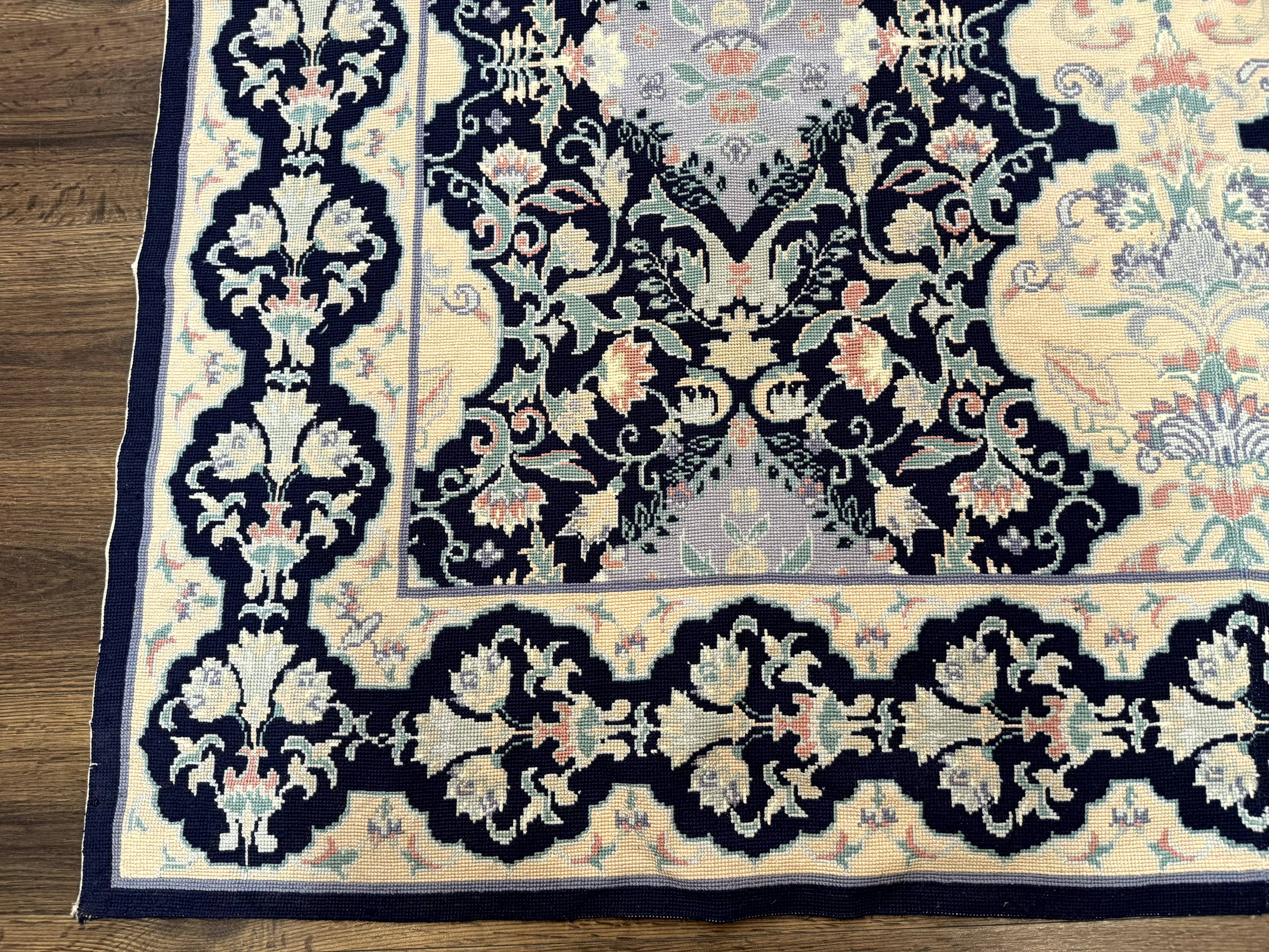 Needlepoint Rug 6x9, Ivory and Navy Blue - Jewel Rugs