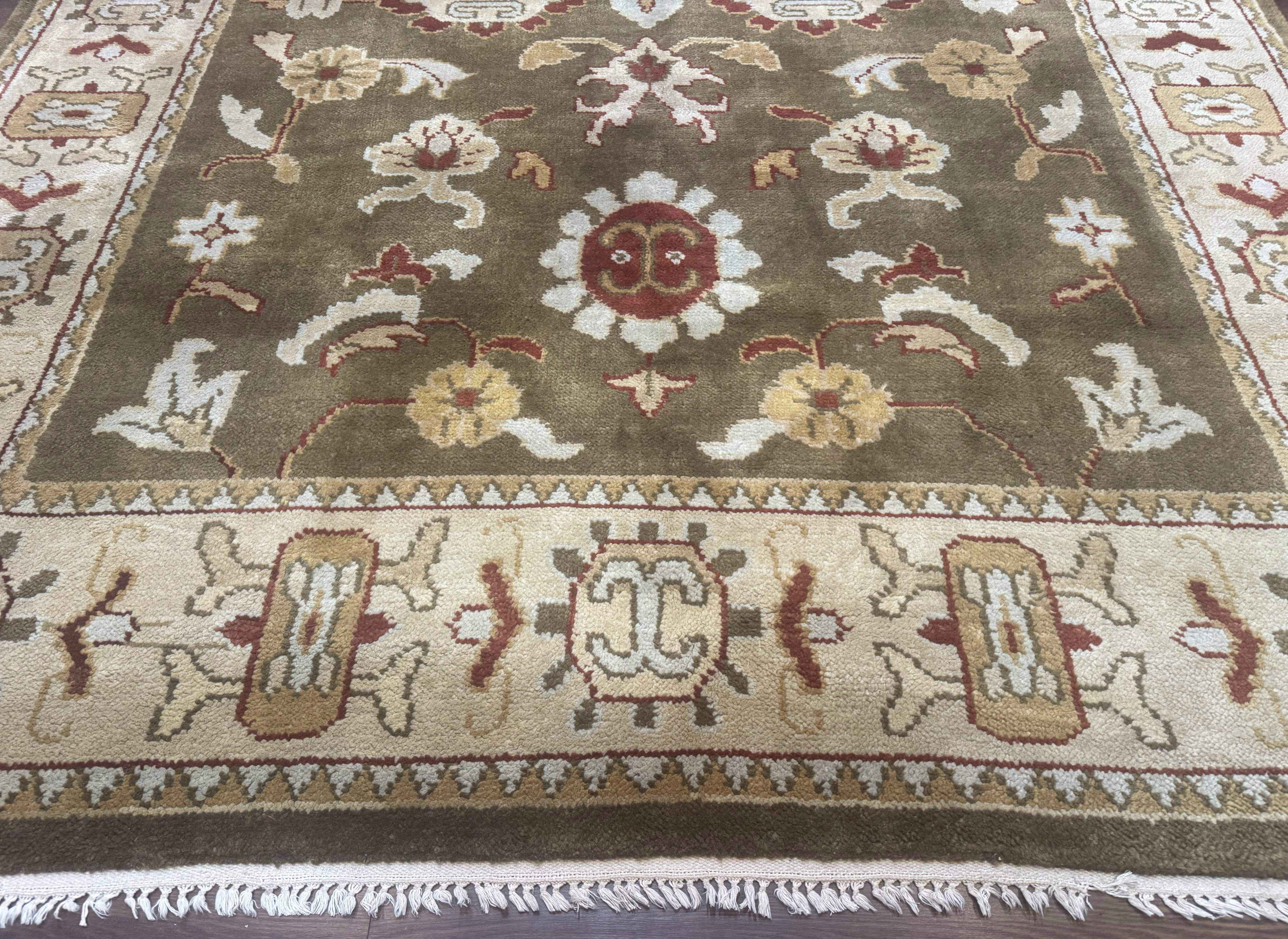 Indo Mahal Rug 8x11 – Olive Green Hand-Knotted Wool Carpet - Jewel Rugs