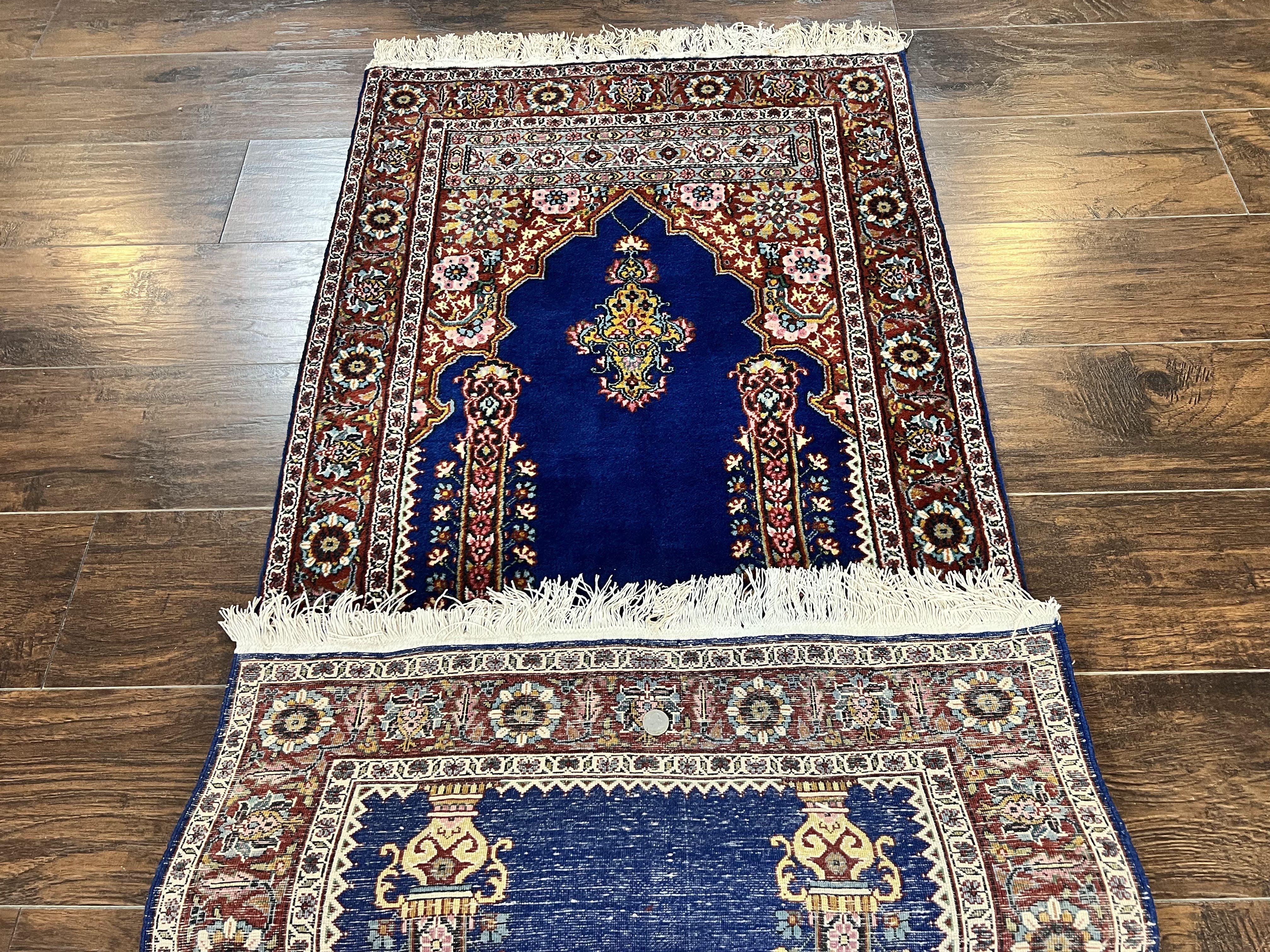 Indo Persian Prayer Rug 3x5, Fine Oriental Carpet, Dark Blue and Red, Vintage Hand Knotted Handmade Prayer Rug - Jewel Rugs