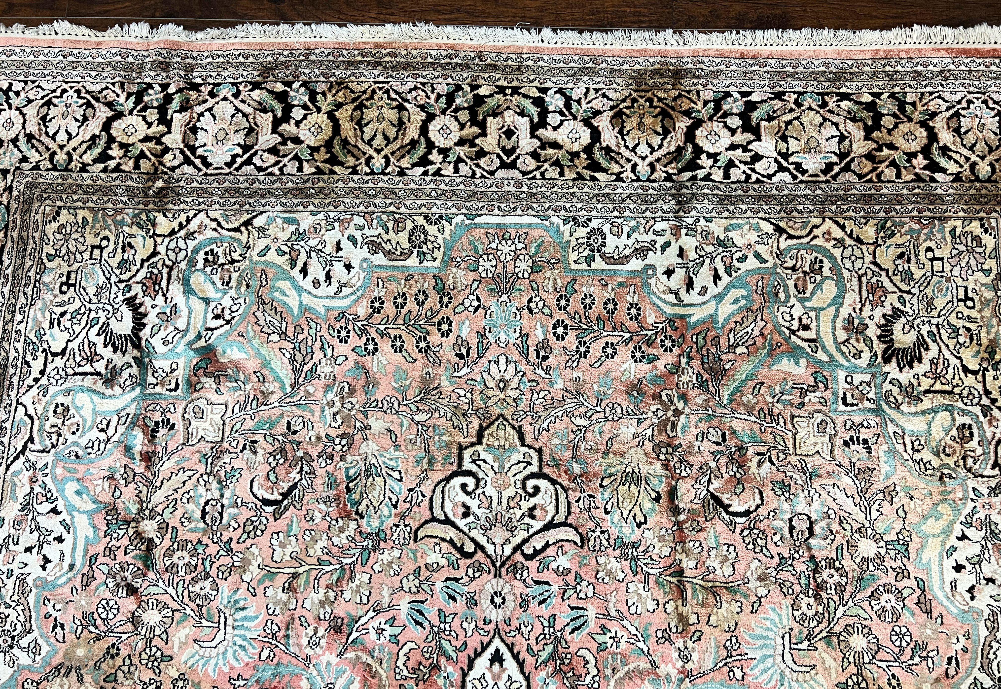 Indian Kashmiri Silk Rug 9x12, Vintage Rug 9 x 12 ft, Salmon Ivory Black Hand-Knotted Silk on Cotton Oriental Floral Carpet, Traditional Rug - Jewel Rugs