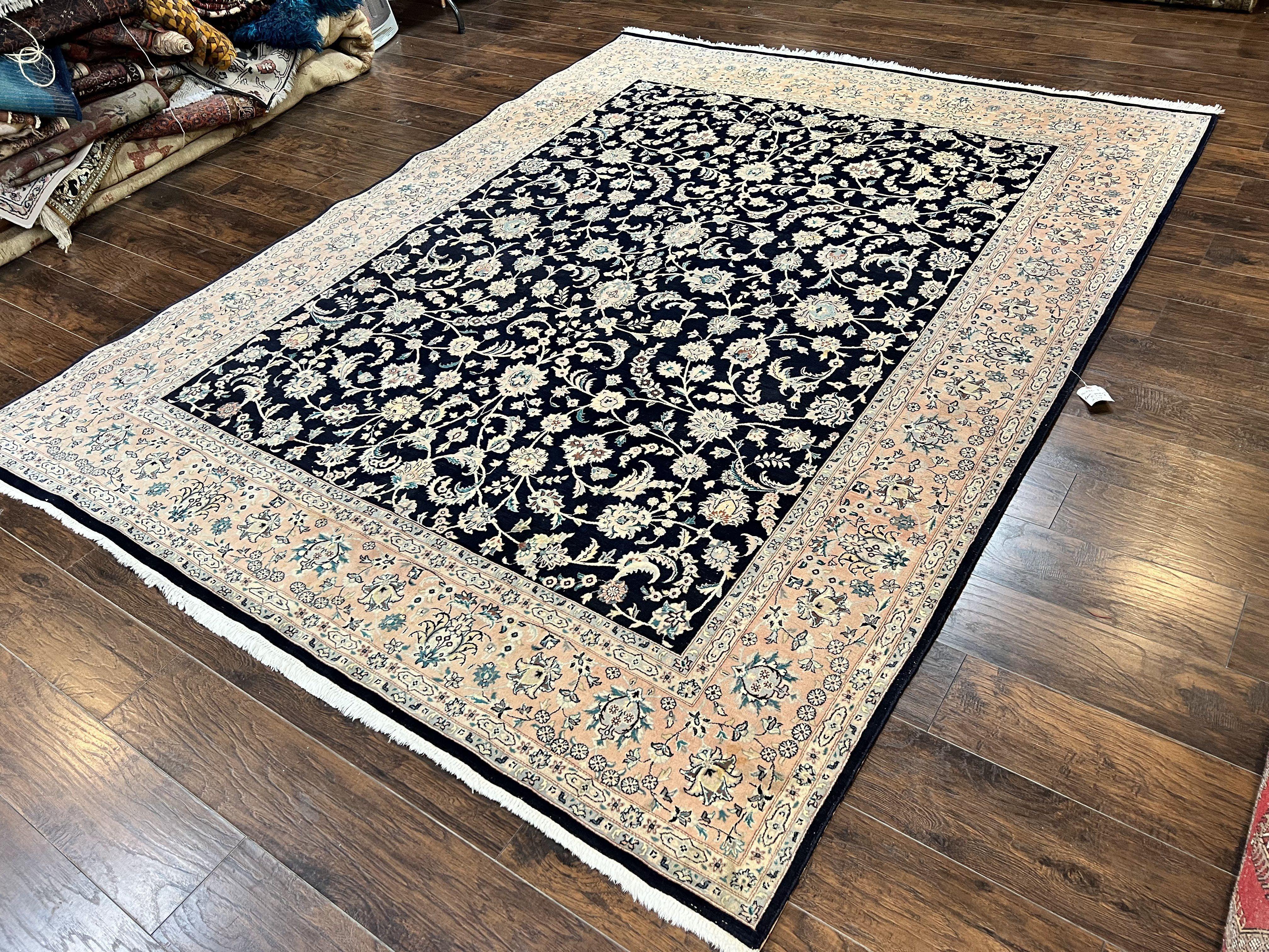 Pak Persian Rug 8x11, Fine Floral Allover Oriental Carpet 8 x 11 ft, Dark Blue and Pink, Room Sized Wool Vintage Rug, Hand Knotted Rug - Jewel Rugs