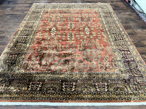 Indo Persian Sarouk Rug 8x10, Indian Oriental Carpet 8 x 10 ft, Red Handmade Wool Fine Floral Allover Vintage Rug, Traditional Rug