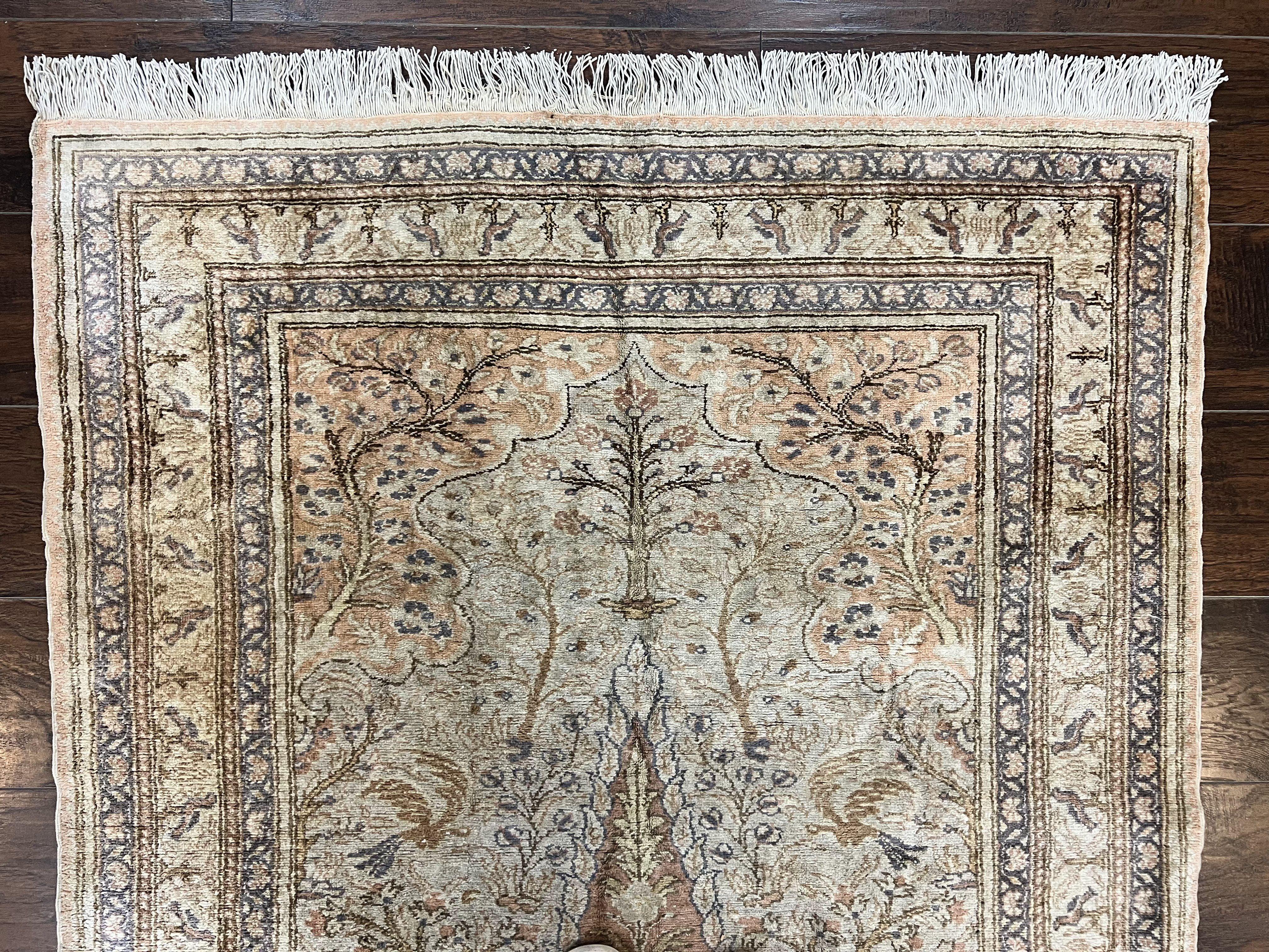 Turkish Kayseri Silk Rug 4x6, Tree of Life Pattern, Vintage Handmade Hand Knotted Carpet, Animal Pictorials, Birds - Jewel Rugs