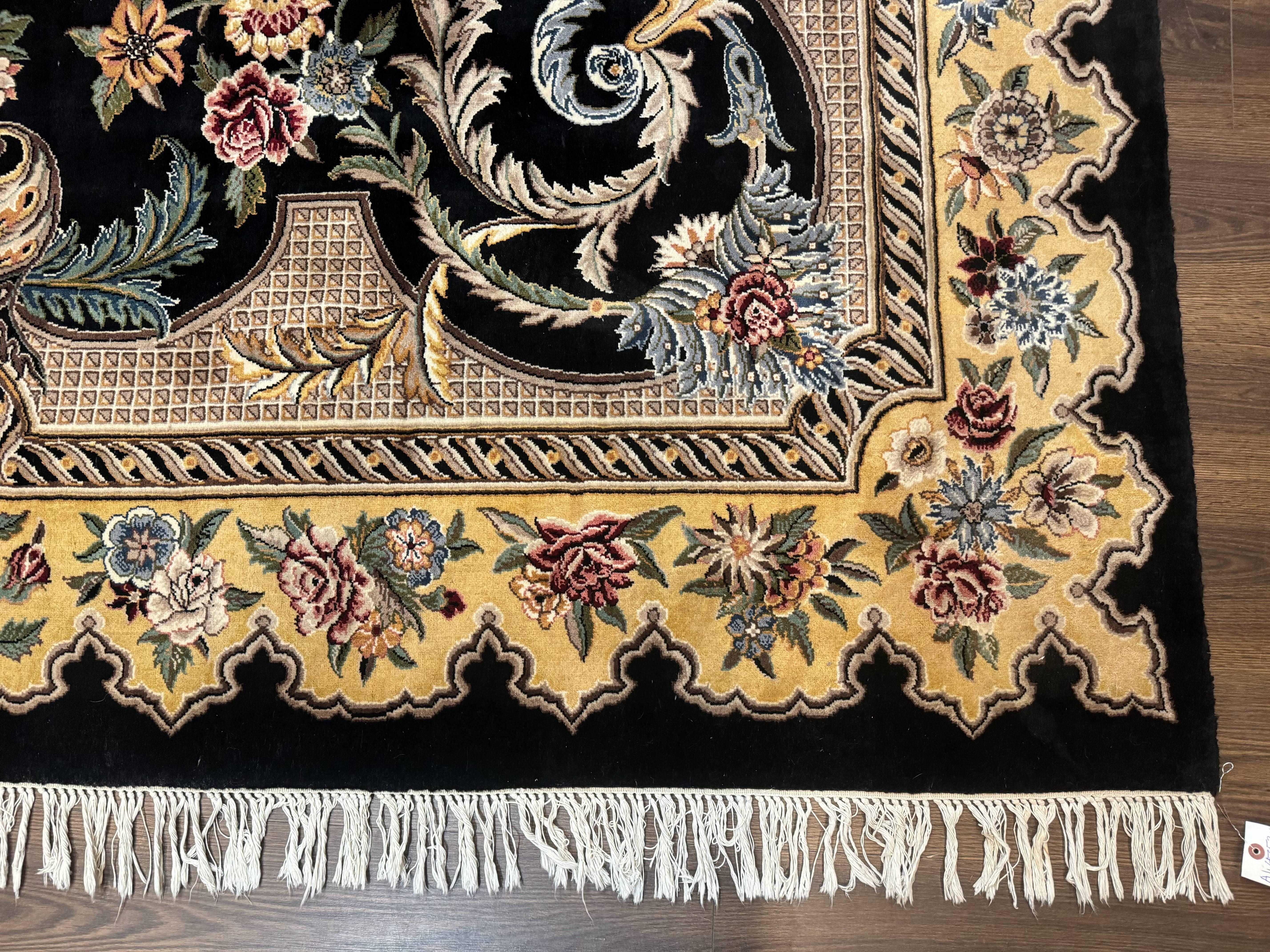 Aubusson Rug 9x12, Black and Beige, Floral, Elegant Handmade French European Design Carpet - Jewel Rugs