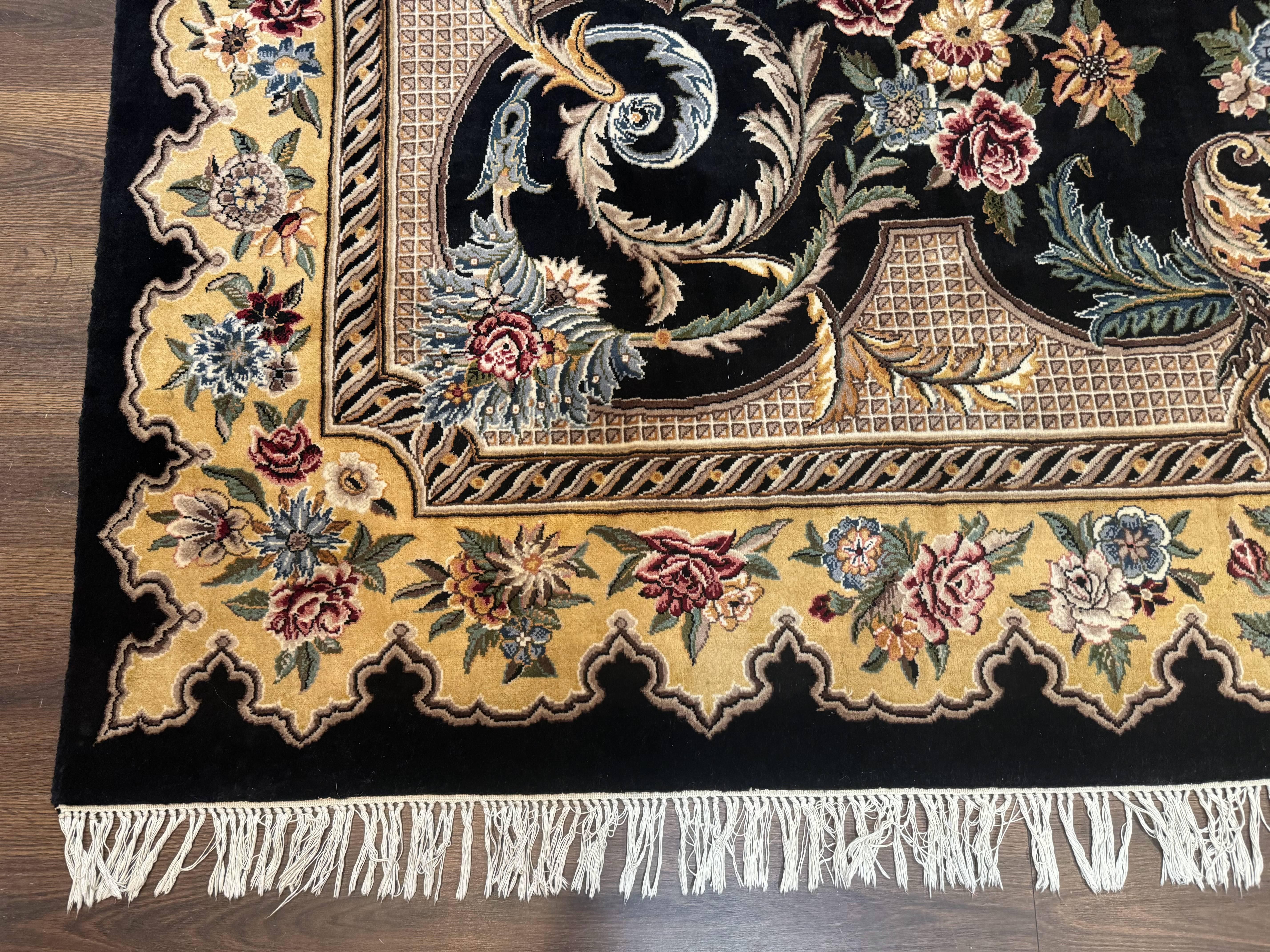 Aubusson Rug 9x12, Black and Beige, Floral, Elegant Handmade French European Design Carpet - Jewel Rugs