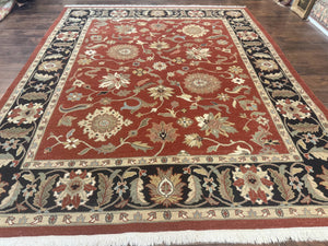 Indian Mahal Rug 8x10, Room Sized Wool Handmade Vintage Carpet, Red and Black, Floral, Flatweave Mahal Sultanabad Rug