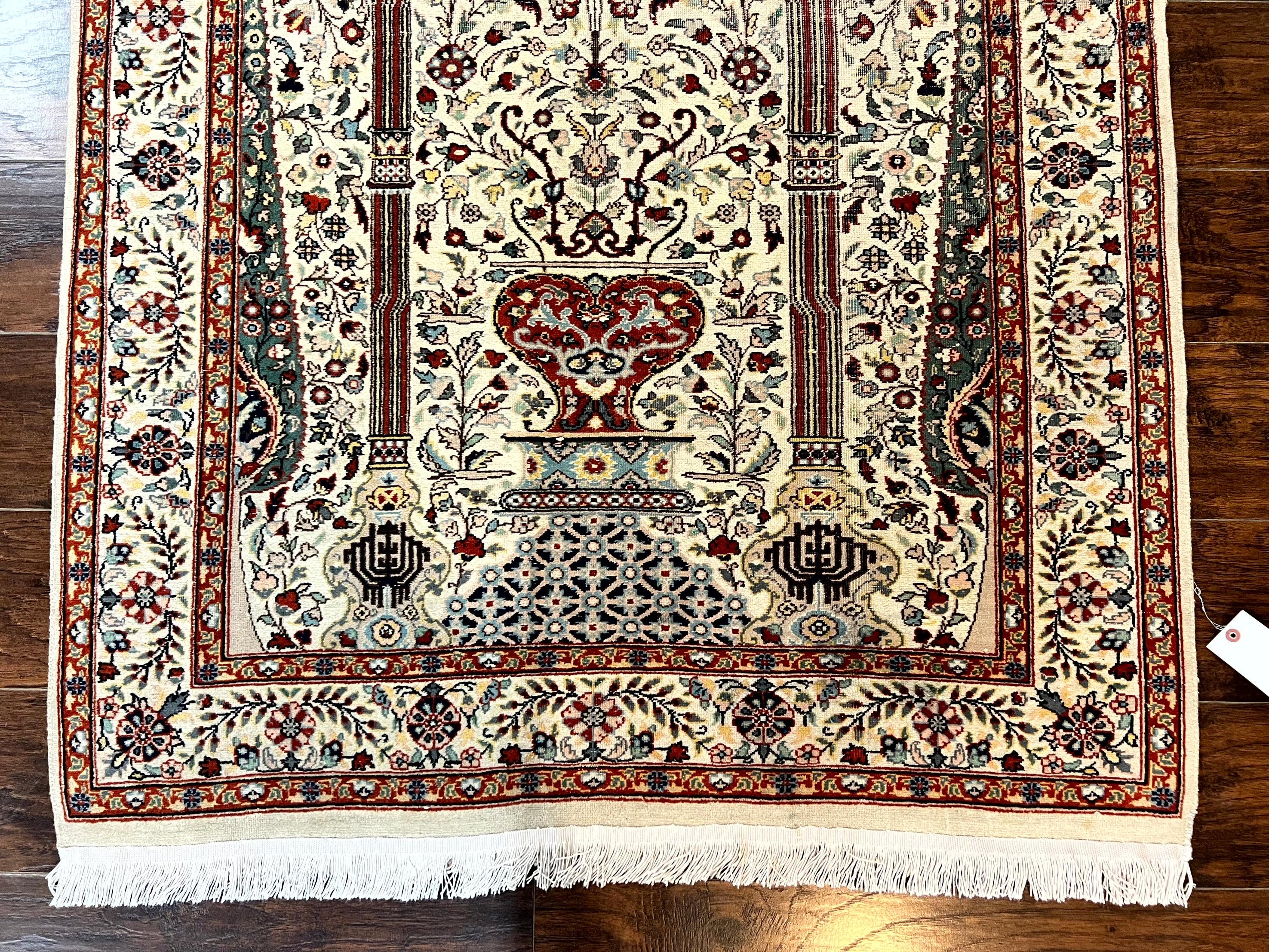 Pak Perisan Prayer Rug 4x6, Tree of LIfe Carpet, Handmade Vintage Wool Rug, Beige, Floral Vases - Jewel Rugs