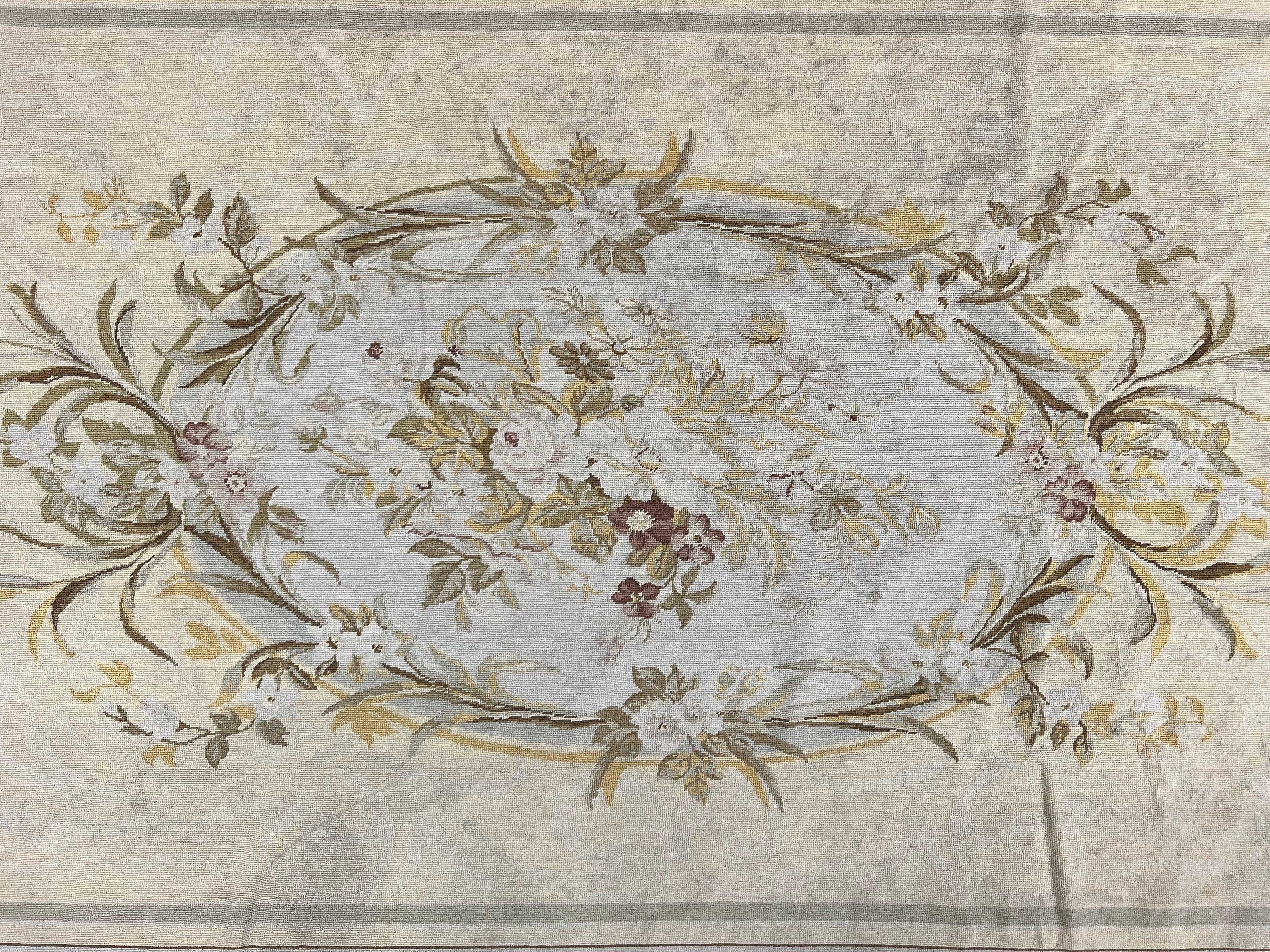 Needlepoint Rug 6x9, Elegant European Design Aubusson Carpet, Vintage Wool Handmade Rug, Light Yellow Ivory - Jewel Rugs