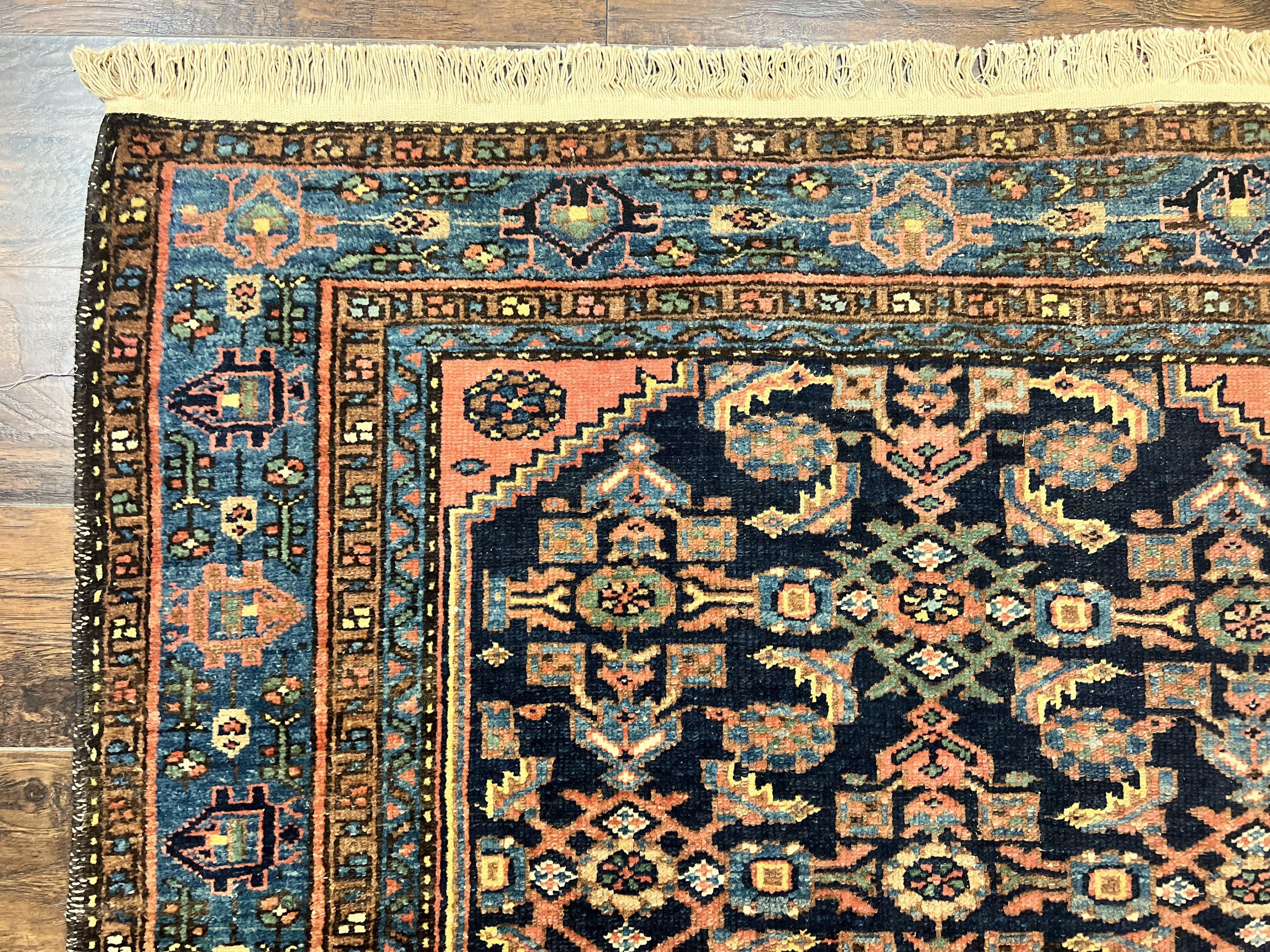 Antique Persian Tribal Rug 5x7, Navy Blue & Pink, Hand Knotted Handmade 1920s Wool Rug, Allover Pattern, Persian Hamadan Rug - Jewel Rugs