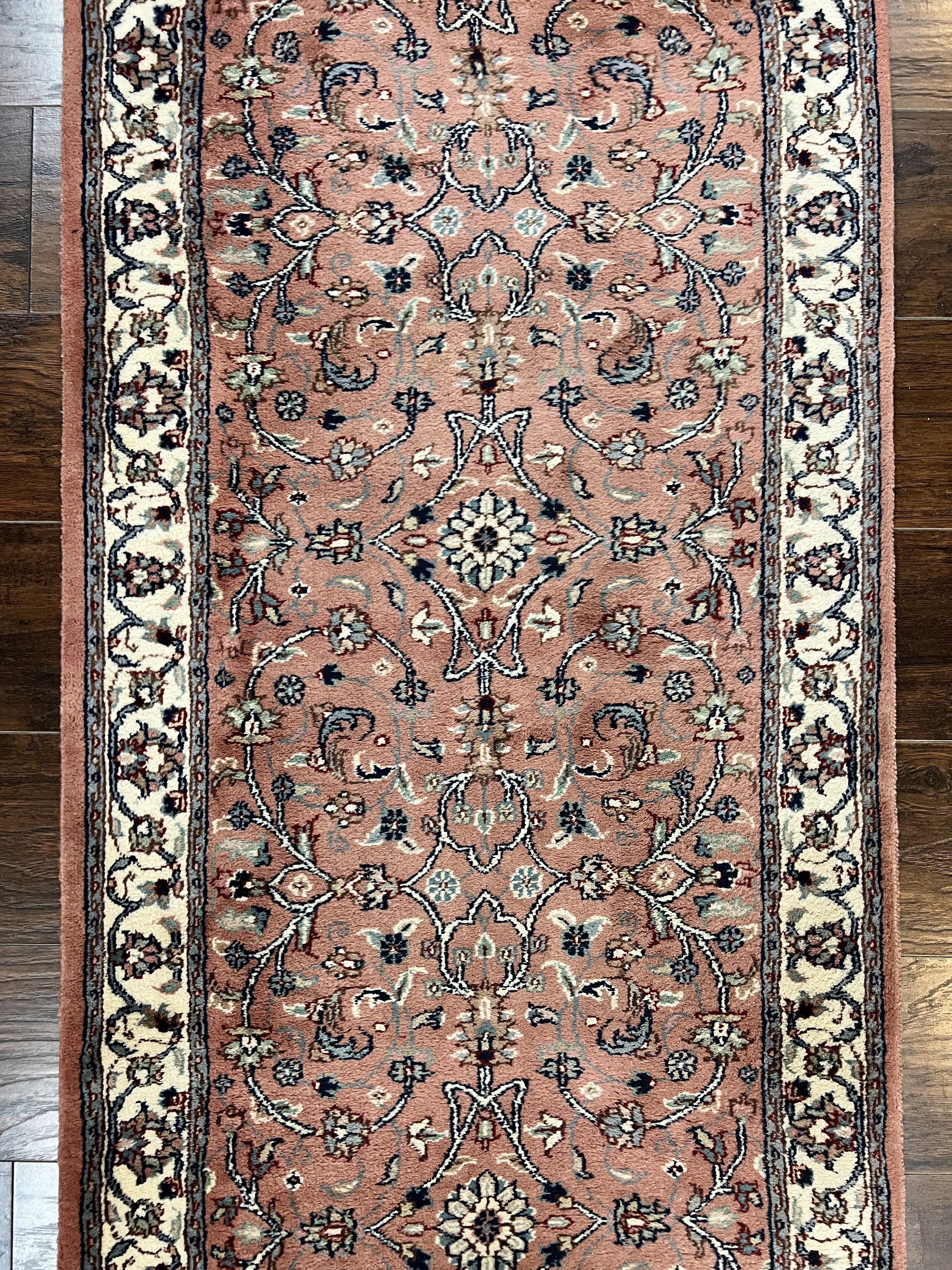 Indo Persian Runner Rug 2.6 x 10, Wool Hand Knotted Vintage Oriental Carpet, Pink & Ivory, Floral Allover, Hallway Rug - Jewel Rugs