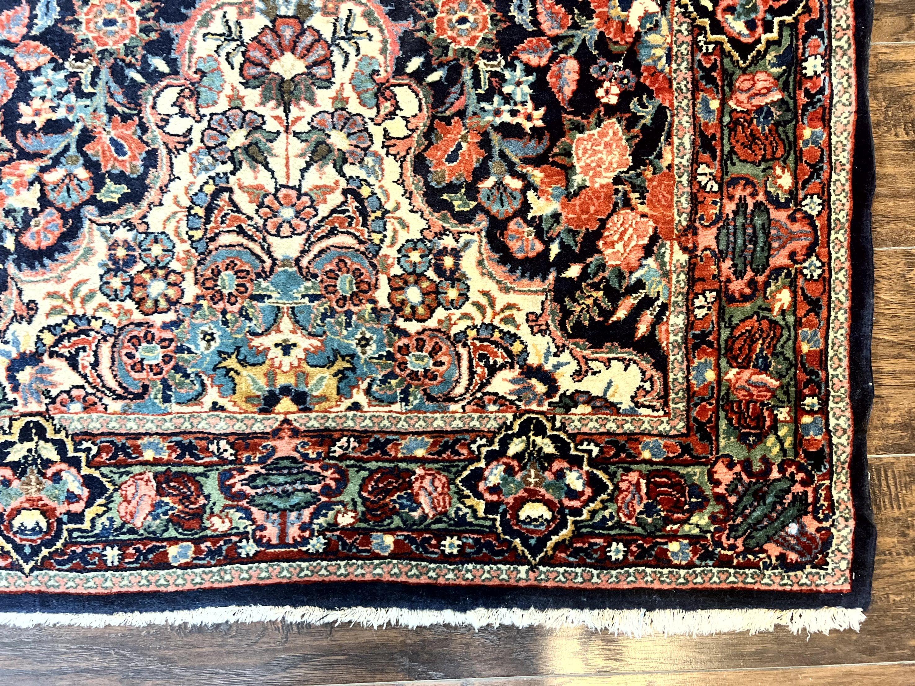 Persian Saoruk Rug 4x5, Navy Blue and Red, Floral, Antique Persian Wool Carpet, Handmade - Jewel Rugs