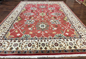 Indo Persian Rug 9x12, Wool Hand Knotted Vintage Carpet, Red & Ivory, Floral Allover, 9 x 12 Room Sized Rug