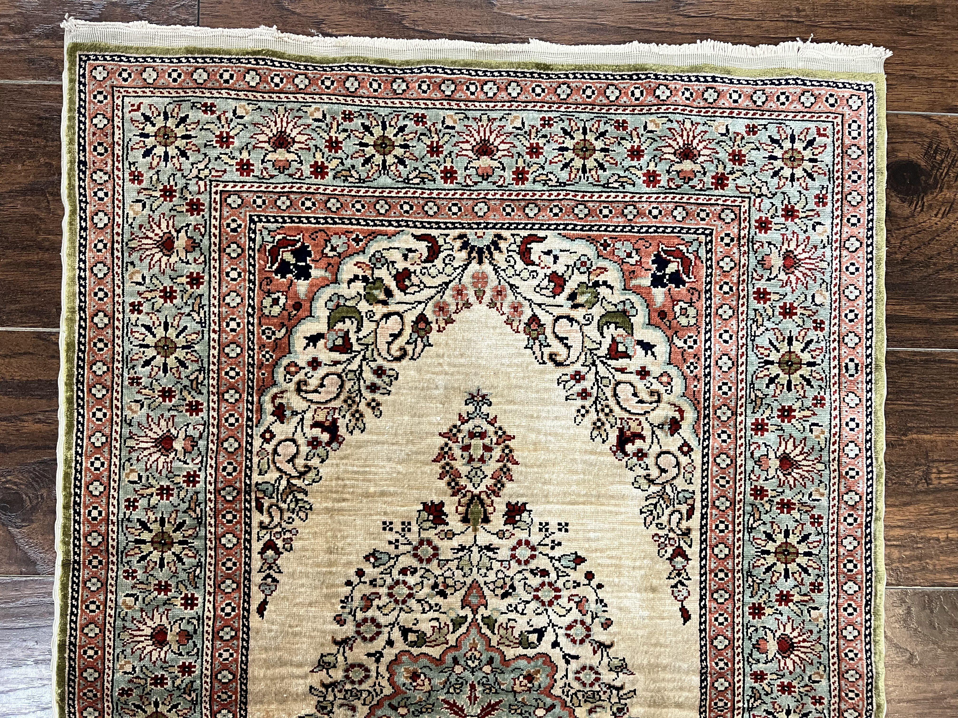 Silk Turkish Kayseri Rug 2x3, Very Finely Hand Knotted, Semi Open Field, Vintage, Silk Pile on Silk Foundation, 300 KPSI - Jewel Rugs