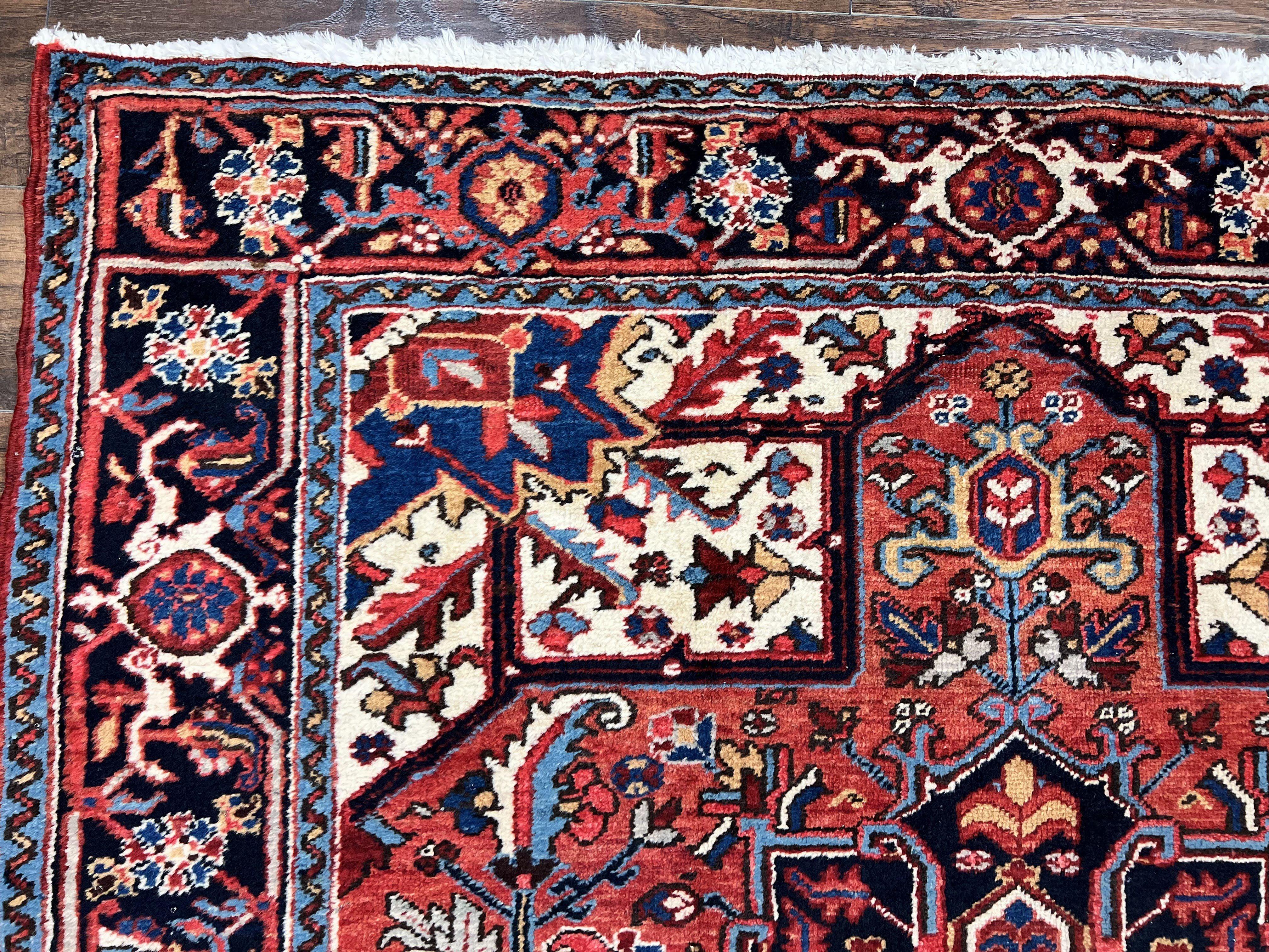 Persian Heriz Square Rug 6x6, Wool Hand Knotted Antique Carpet, Red Ivory & Navy Blue, Geometric Design Oriental Rug 6ft Square Handmade Rug - Jewel Rugs