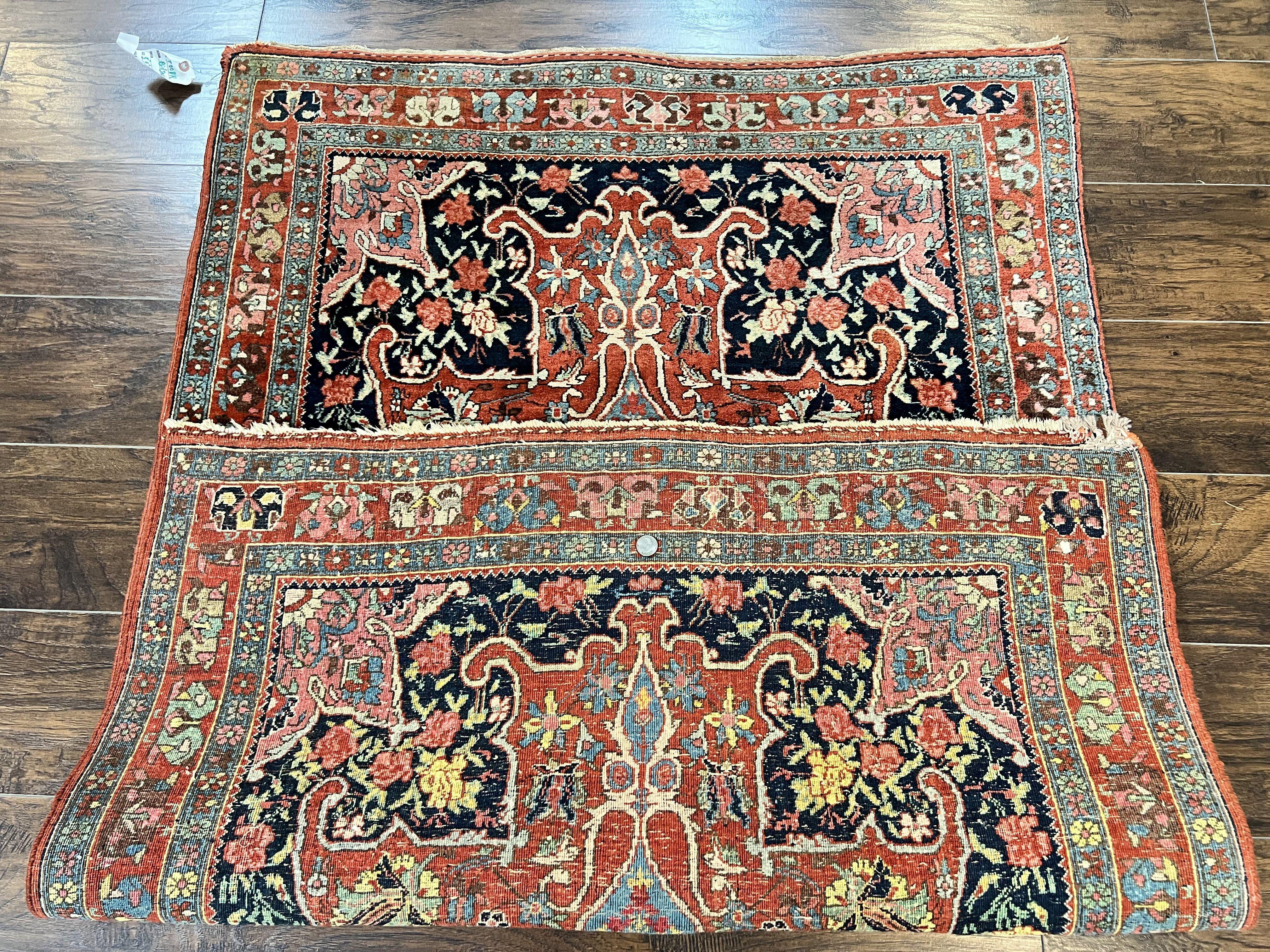 Antique Persian Bidjar Rug 4x5, Red and Blue, Hand Knotted Wool Carpet - Jewel Rugs