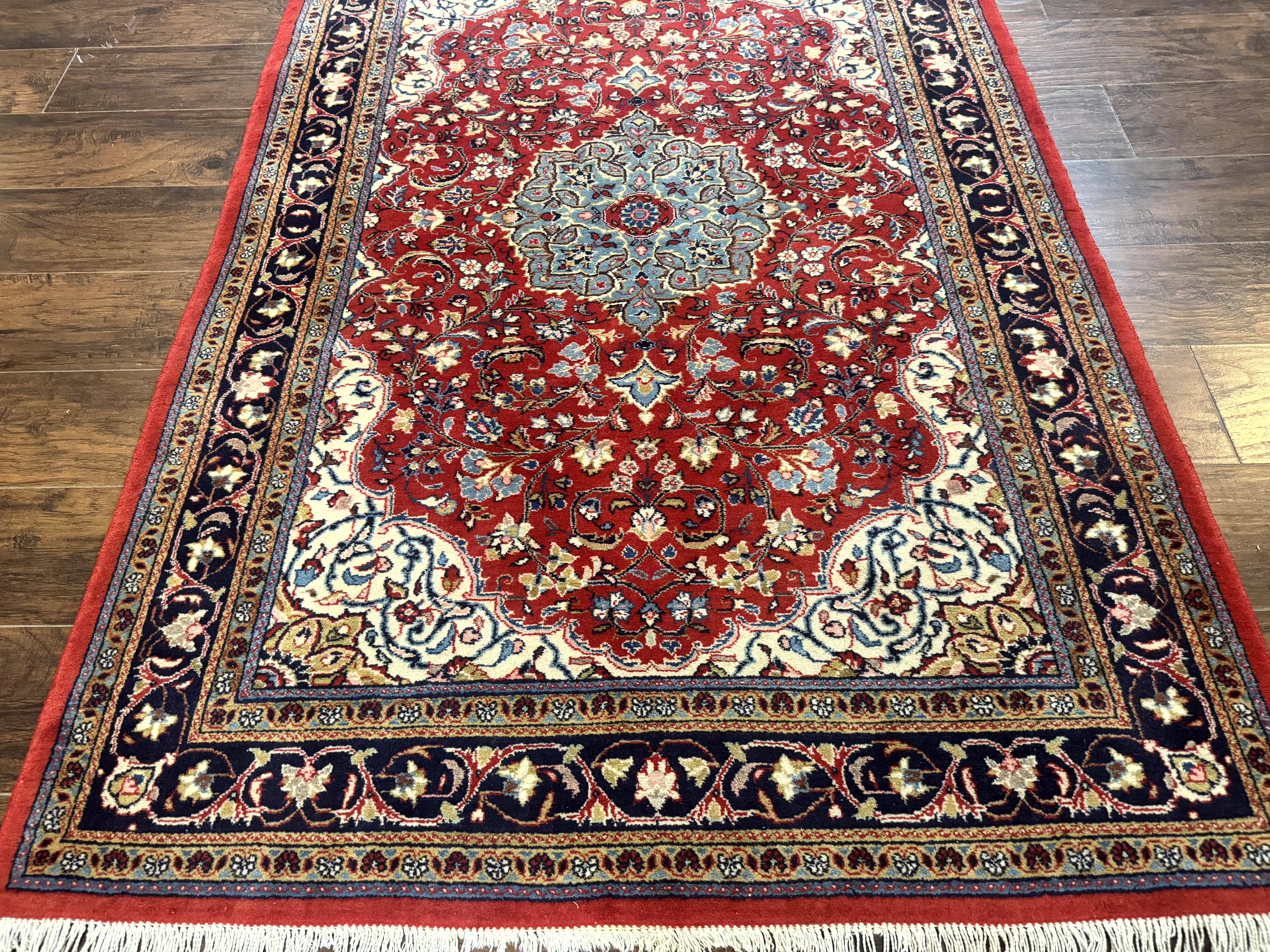 Persian Sarouk Rug 4x7, Red Navy Blue Vintage Wool Medallion Carpet - Jewel Rugs