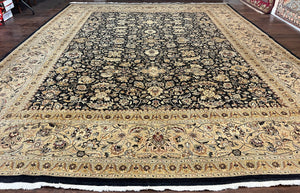 Pak Persian Rug 12x15, Large Wool Handmade Vintage Carpet, Black Beige Tan, Floral Allover, 12 x 15 Traditional Palace Sized Rug