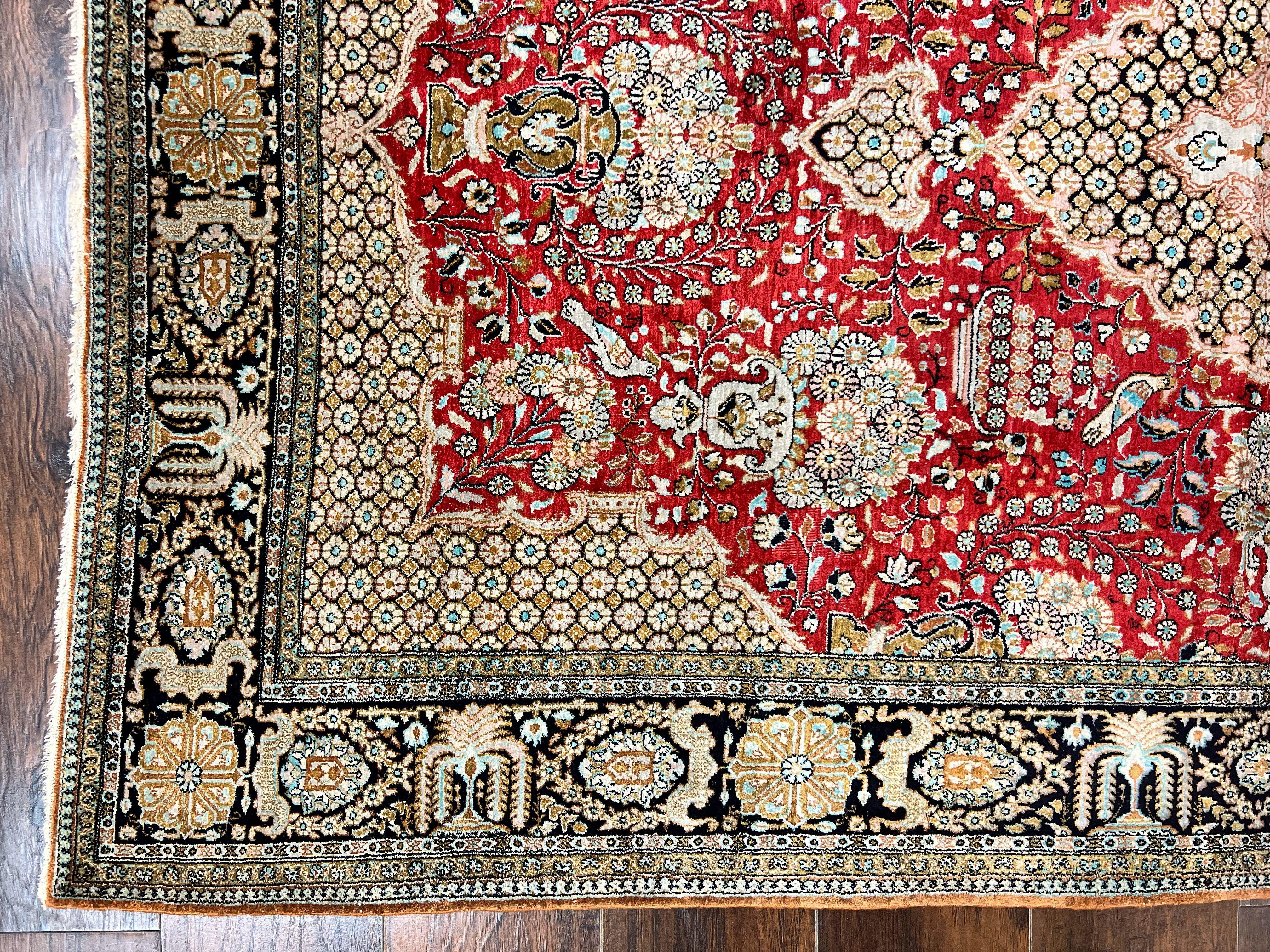 Wonderful Persian Silk Rug 5x7, Birds Floral Vases, Red, Hand Knotted Silk Fine Oriental Carpet, Handmade Vintage, Persian Qum Rug, 400 KPSI - Jewel Rugs