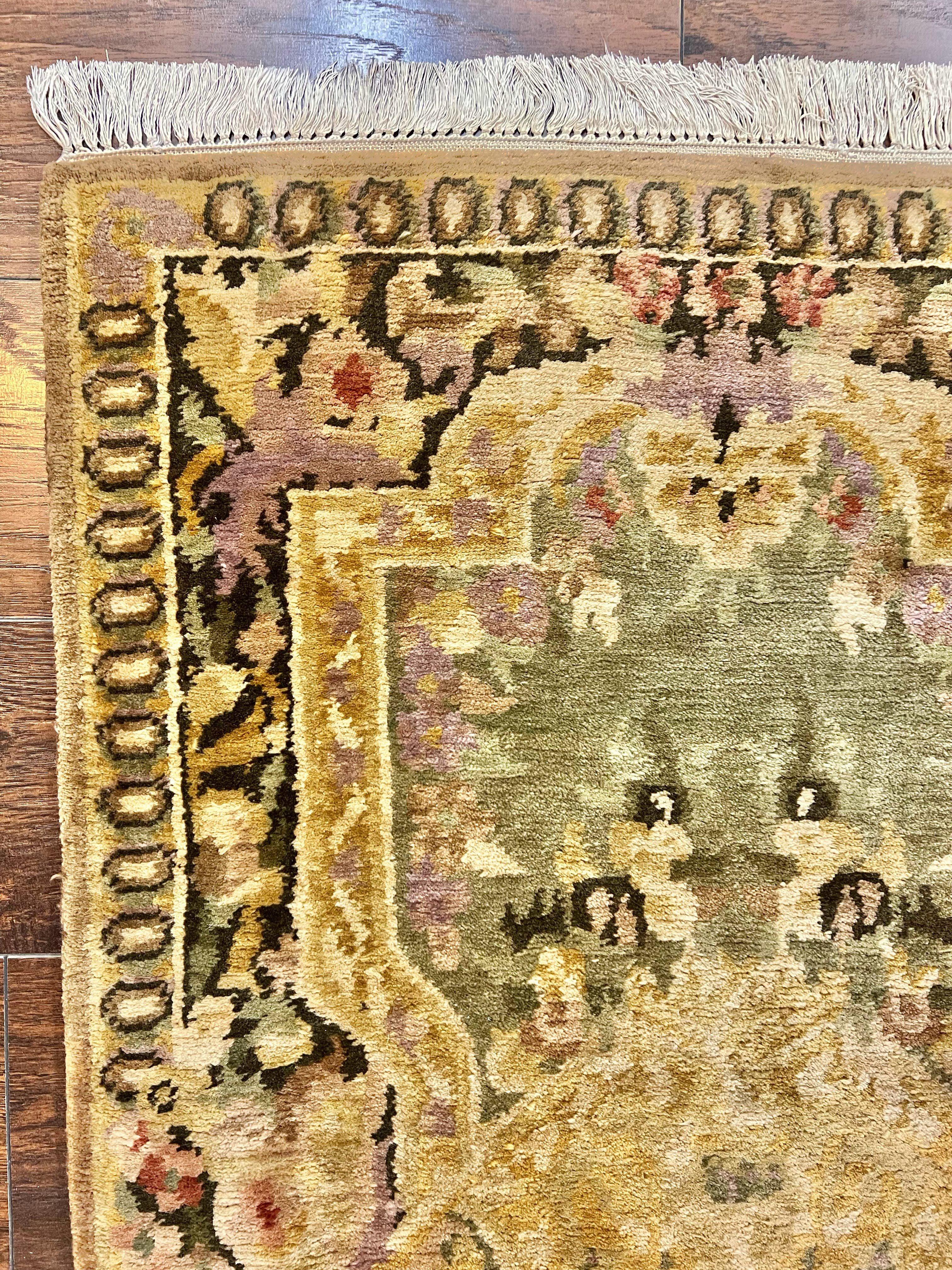 Tibetan Runner Rug 2.6 x 10, French Aubusson Pattern, Gold Olive Green, Vintage Handmade European Design, Wool Hallway Rug - Jewel Rugs