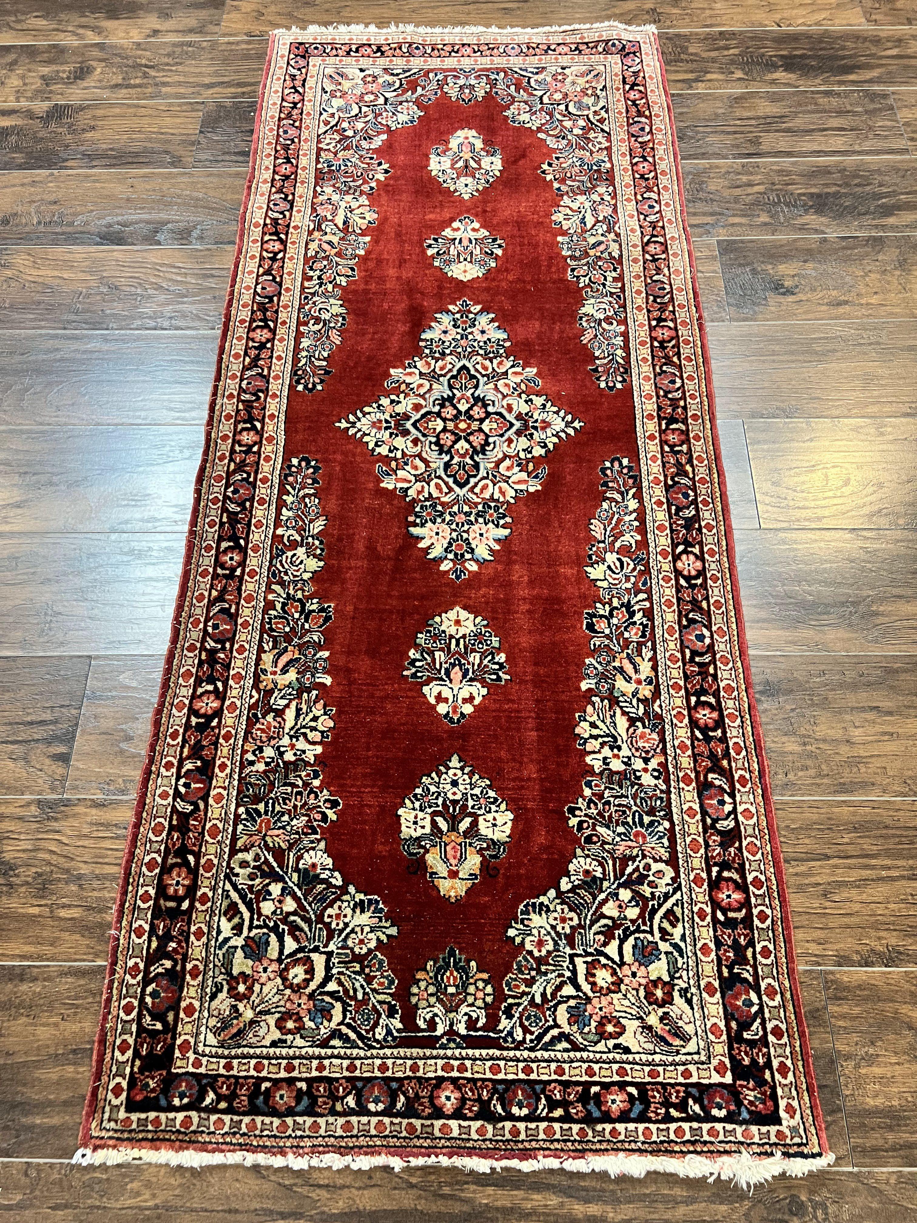 Persian Sarouk Runner Rug 2.7 x 6, Semi Open Field, Red, Handmade Hand Knotted, Wool Oriental Carpet, Vintage Semi Antique - Jewel Rugs