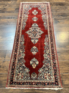Persian Sarouk Runner Rug 2.7 x 6, Semi Open Field, Red, Handmade Hand Knotted, Wool Oriental Carpet, Vintage Semi Antique