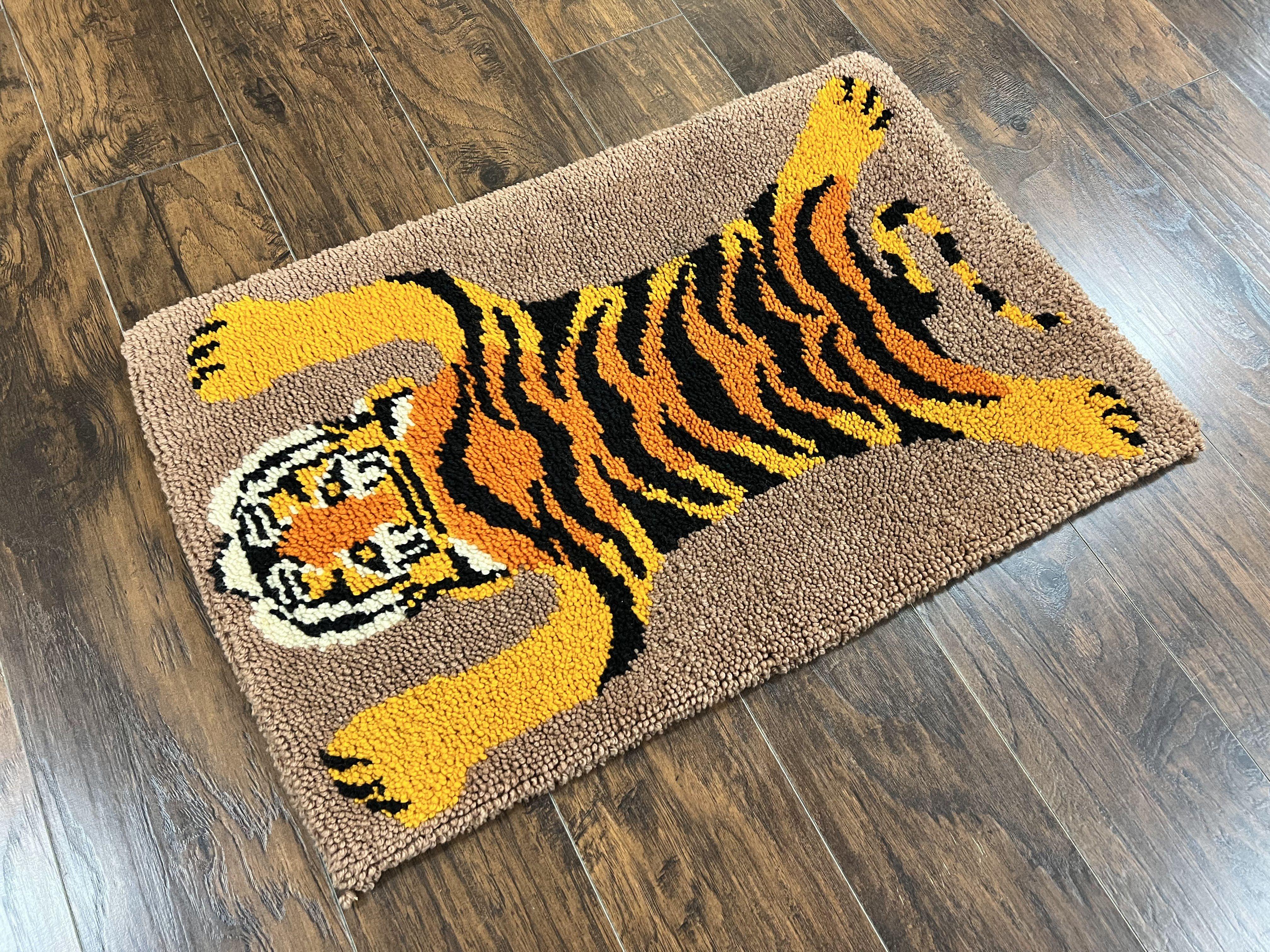 Small Hooked Rug 2x3, Tibetan Tiger Design, Wool, Unique Hooked Rug, Vintage - Jewel Rugs