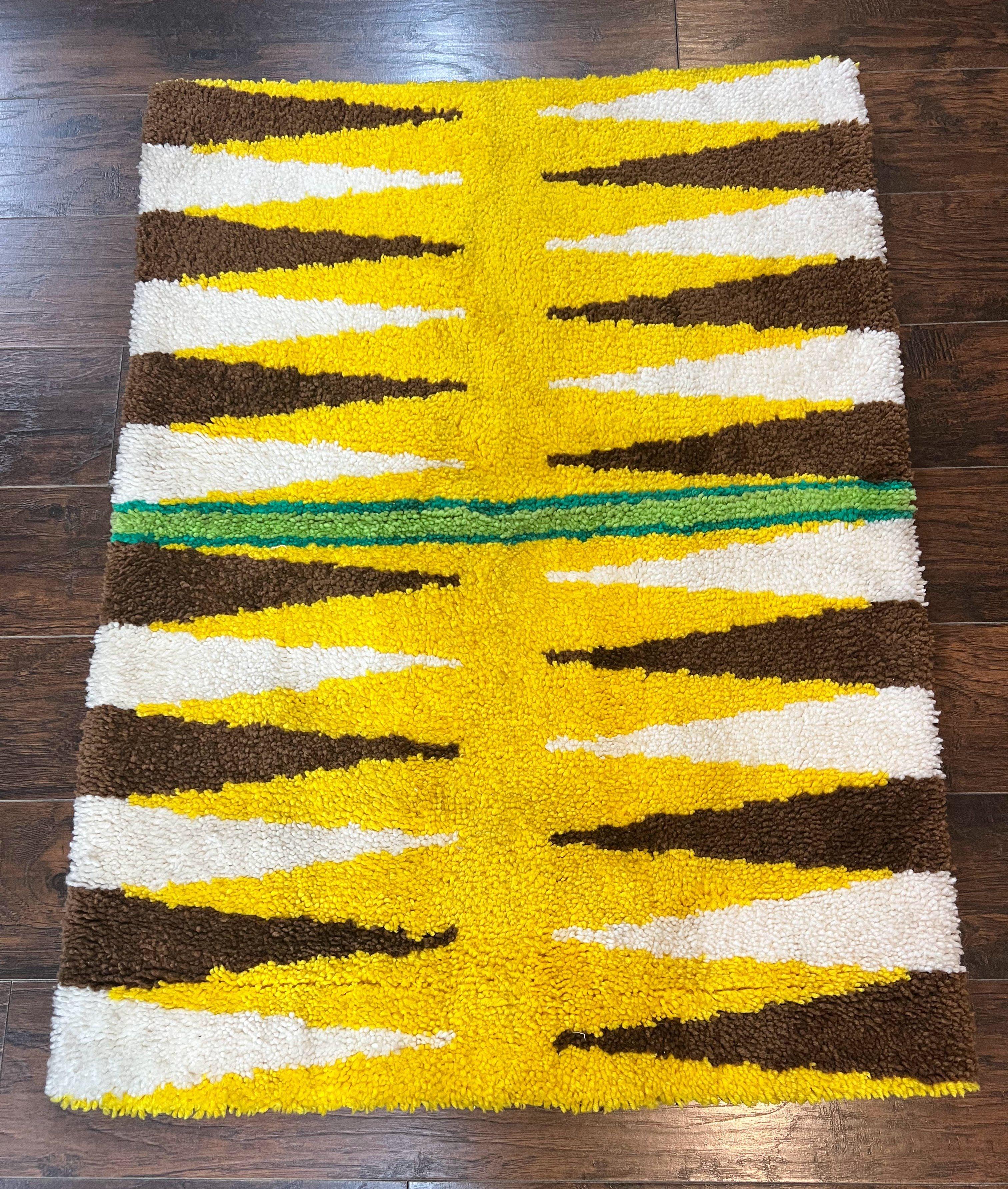 Danish Rya Rug 3x4, Vintage Mid Century Retro Rya Shag Rug, Stripes, Yellow Ivory Brown - Jewel Rugs