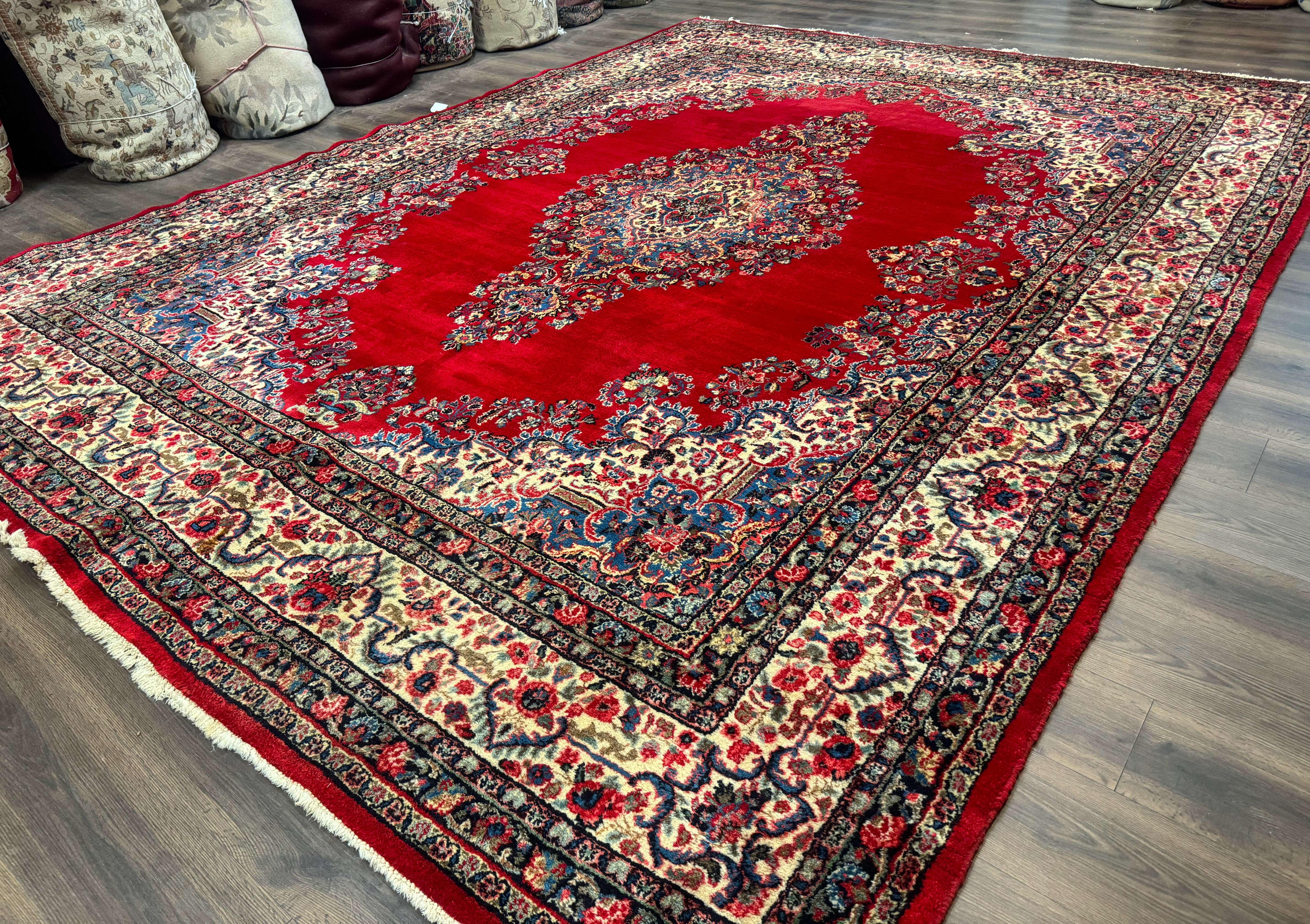 Persian Sarouk Rug 10x13, Semi Open Field, Red Ivory Blue, Large Antique Persian Carpet, Traditional Wool Rug - Jewel Rugs
