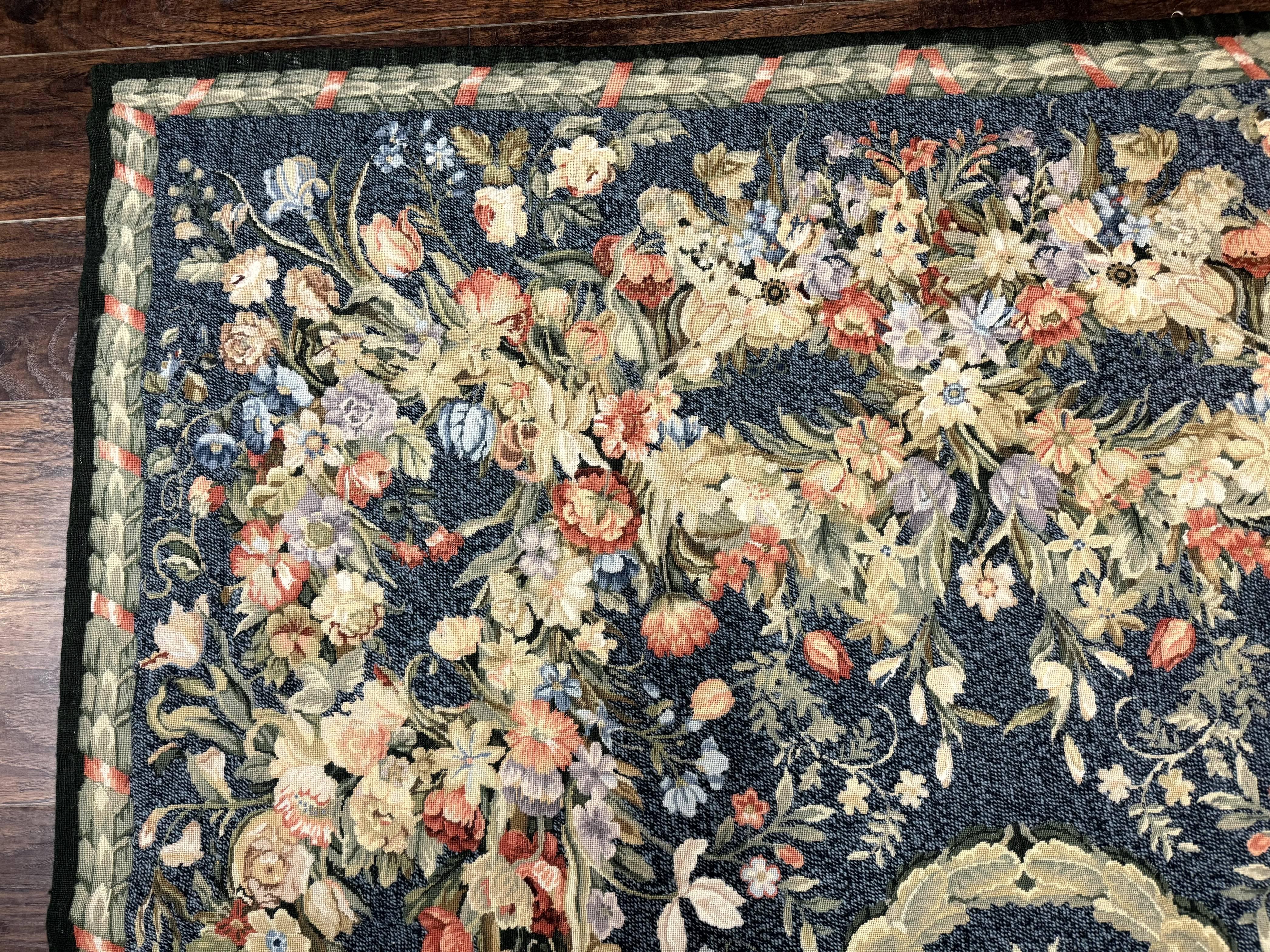 Needlepoint Rug 6x9, Petitepoint Area Rug, Floral Bouquets, European Aubusson French Design, Wool - Jewel Rugs