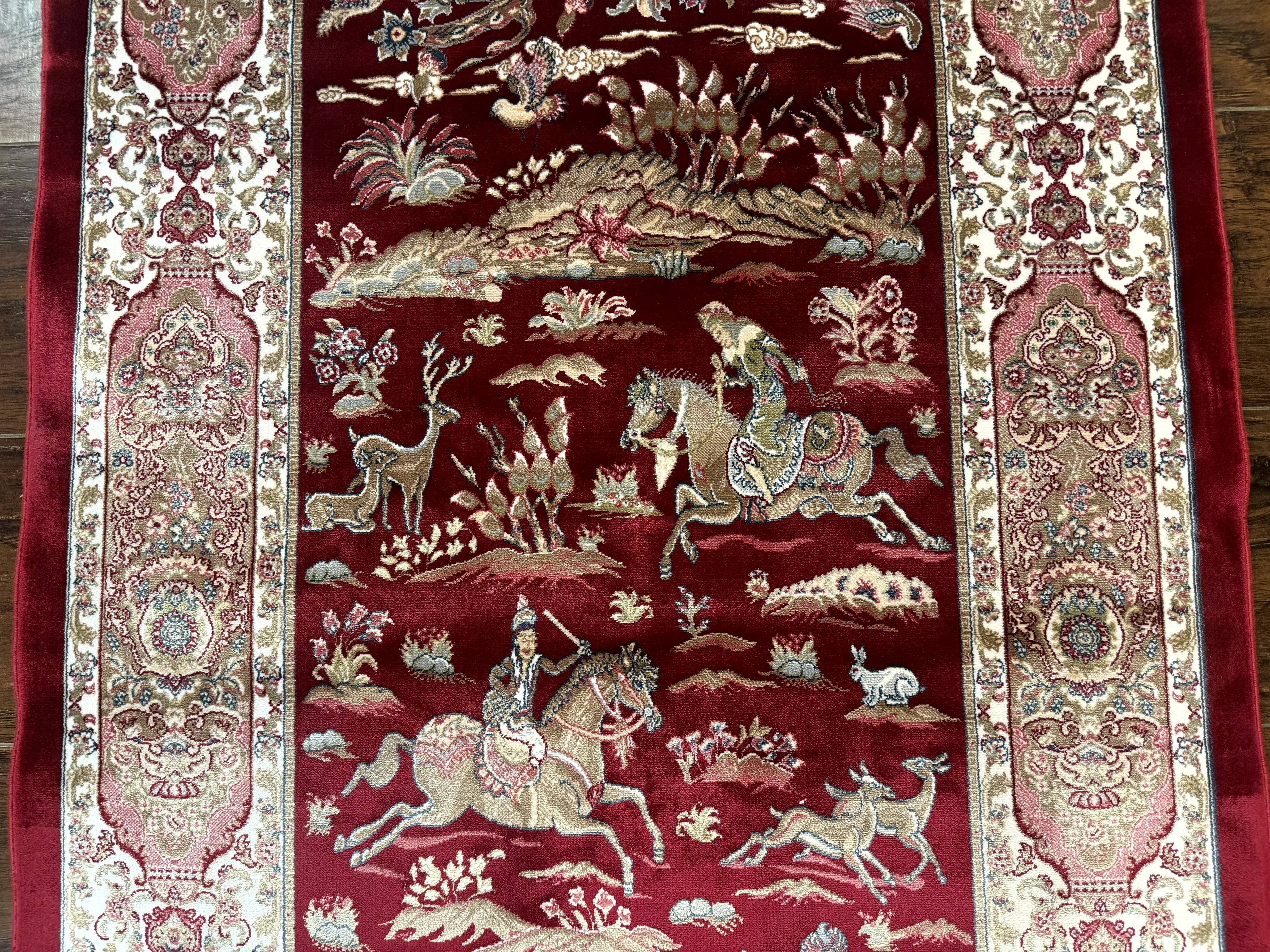 Dark Red Turkish Silk Rug 2.6 x 4, Hunting Design Scene, Bamboo Silk - Jewel Rugs