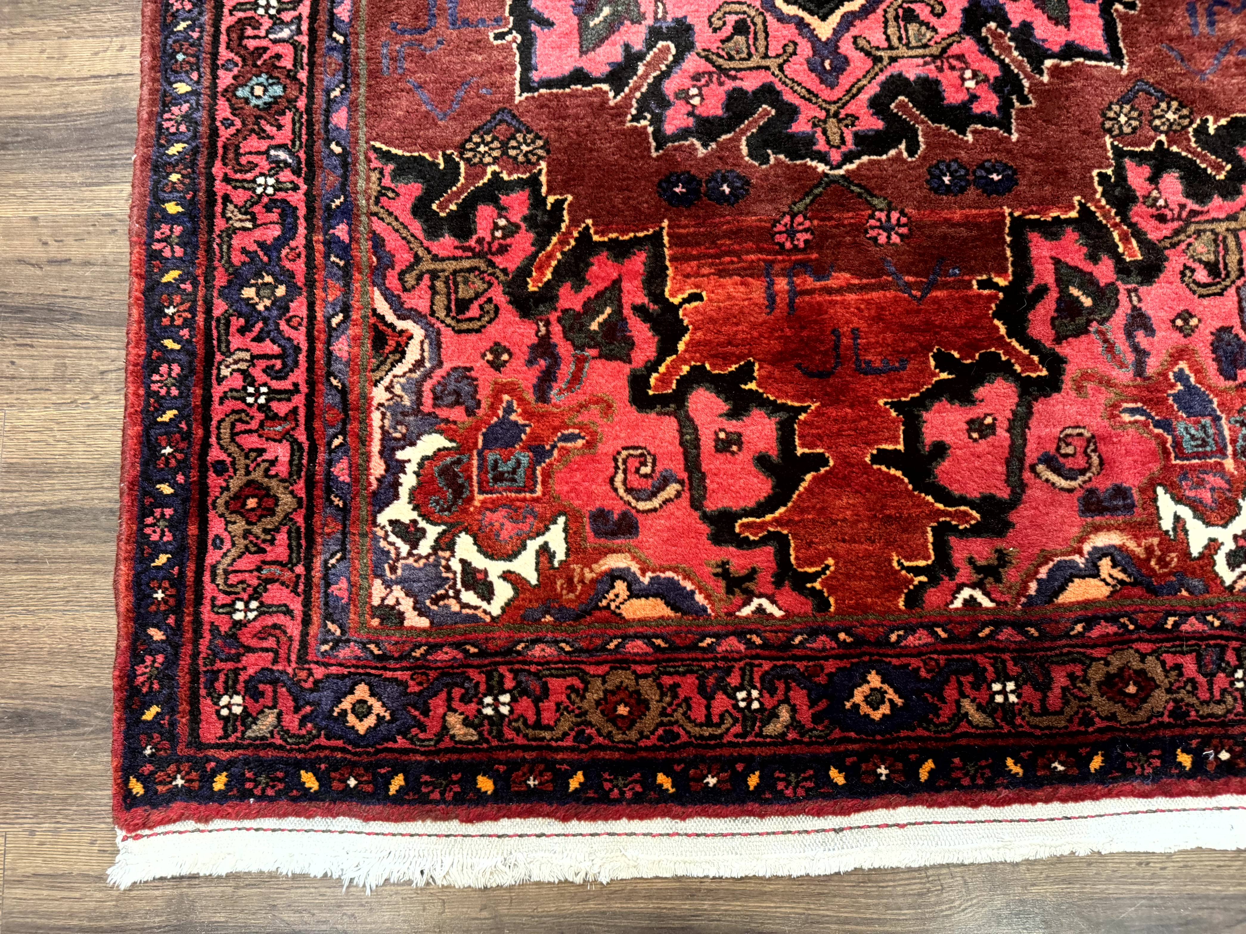 Persian Hamadan Rug 4x7, Red Pink Navy Blue, Vintage, Large Medallion, Village Tribal Carpet - Jewel Rugs