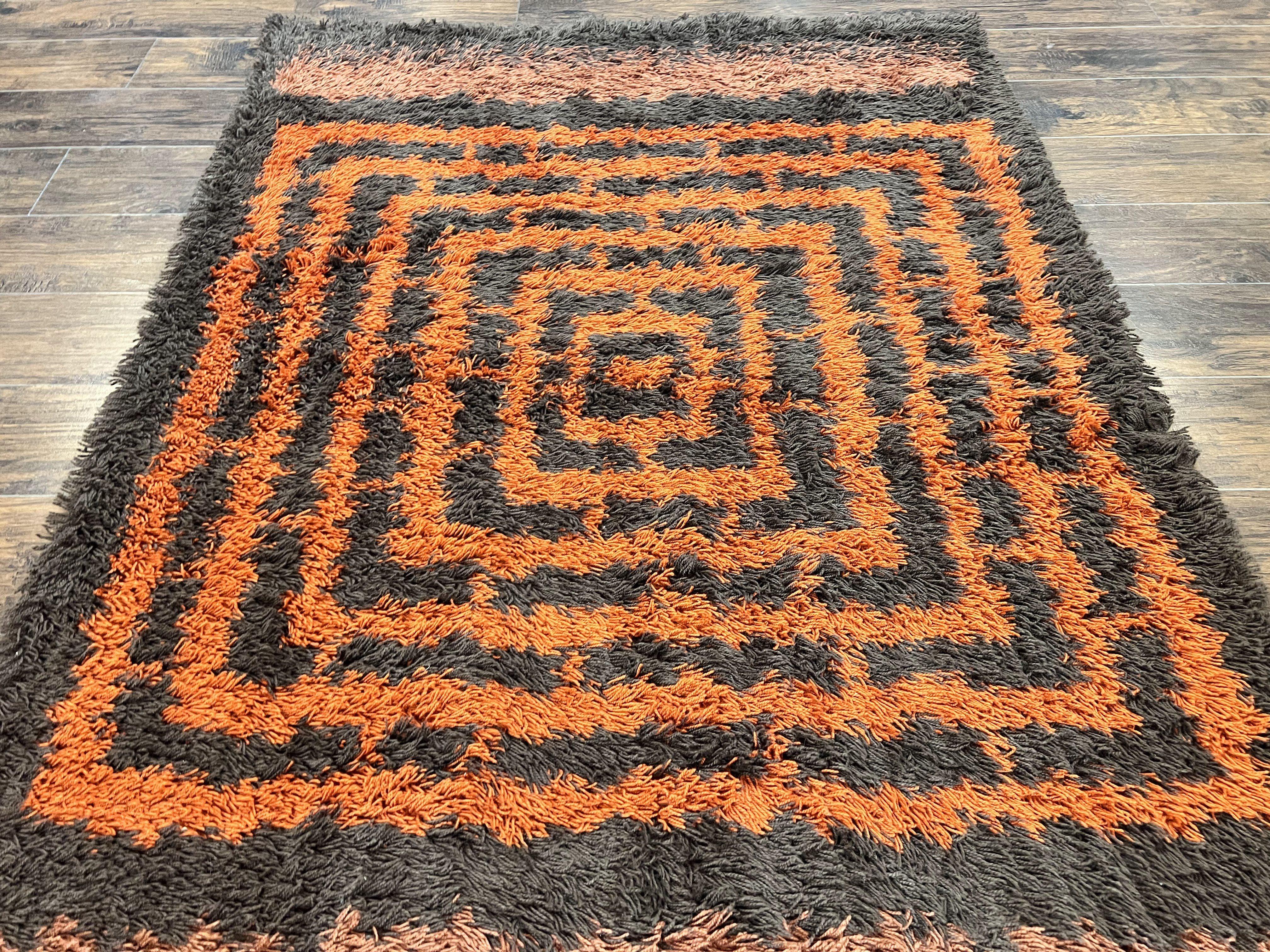 Vintage Rya Shag Rug 4.6 x 6.6, Abstract Design, Brown and Orange, Mid Century Danish Rya Carpet - Jewel Rugs