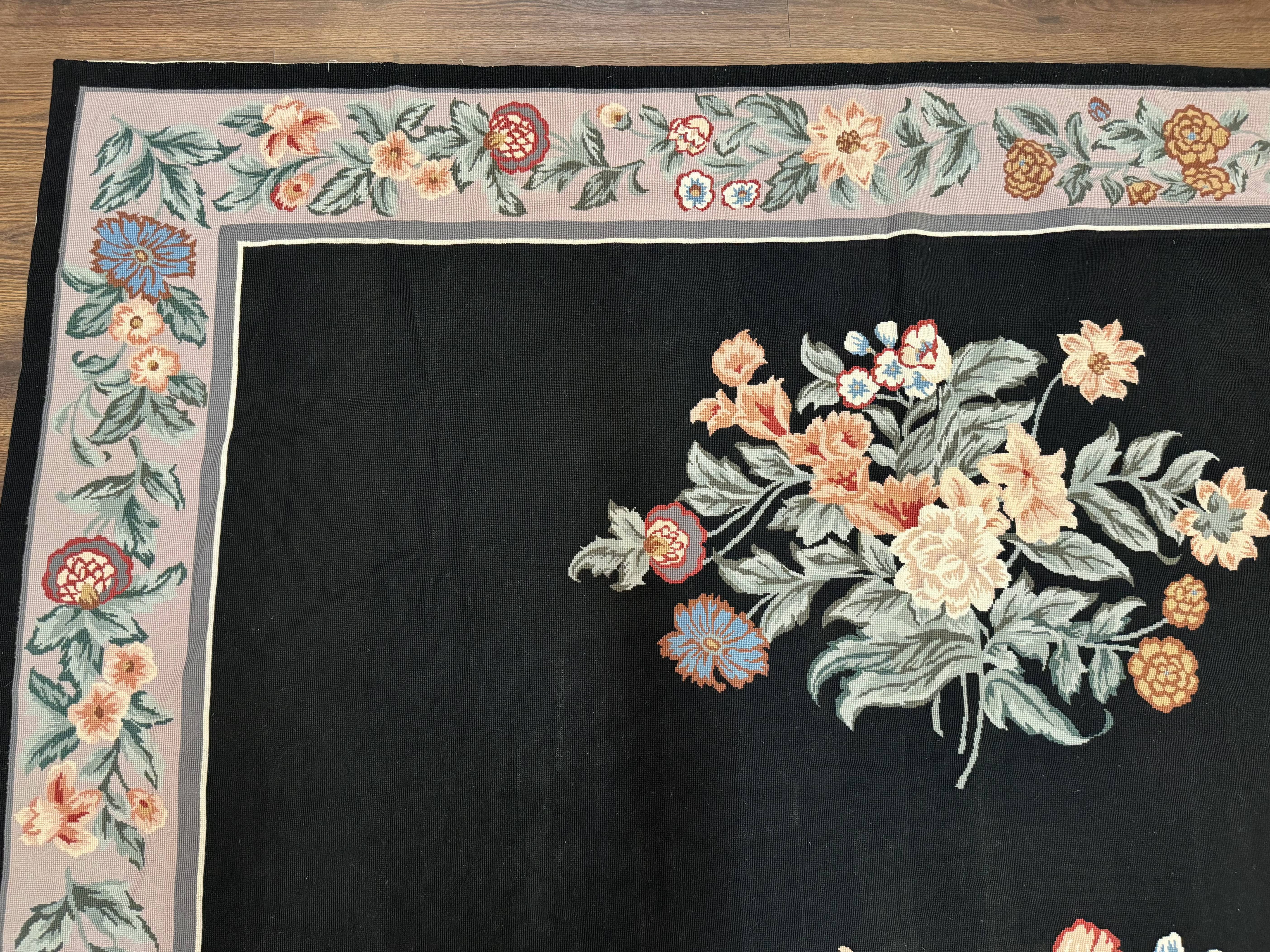 Black Needlepoint Rug 8x11 with Multicolor Flowers, Vintage Carpet - Jewel Rugs