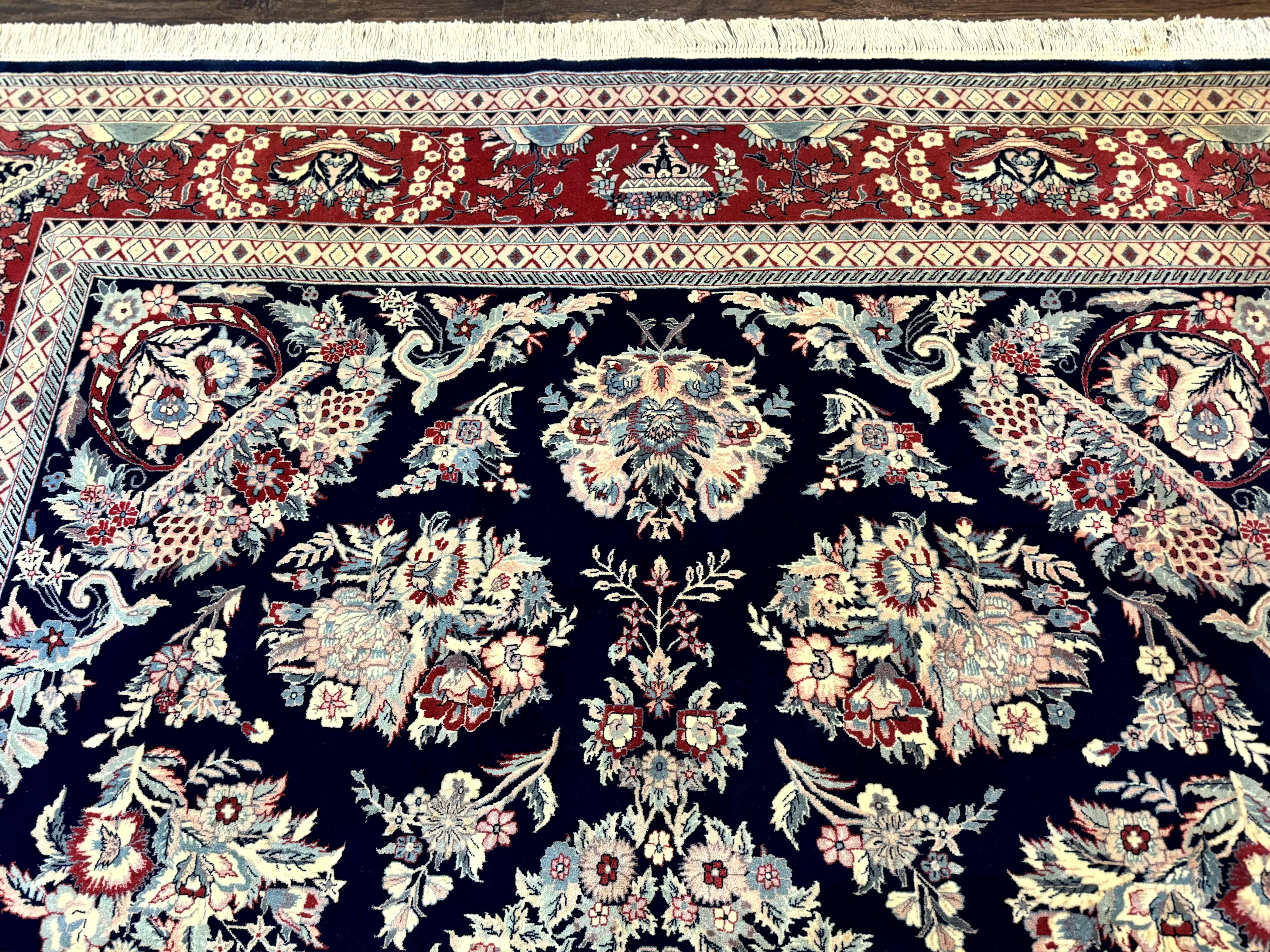 Sino Persian Rug 8x10, Floral Kirman Carpet, Navy Blue and Red, Floral Vases, Handmade Vintage Wool Carpet, 320 KPSI - Jewel Rugs