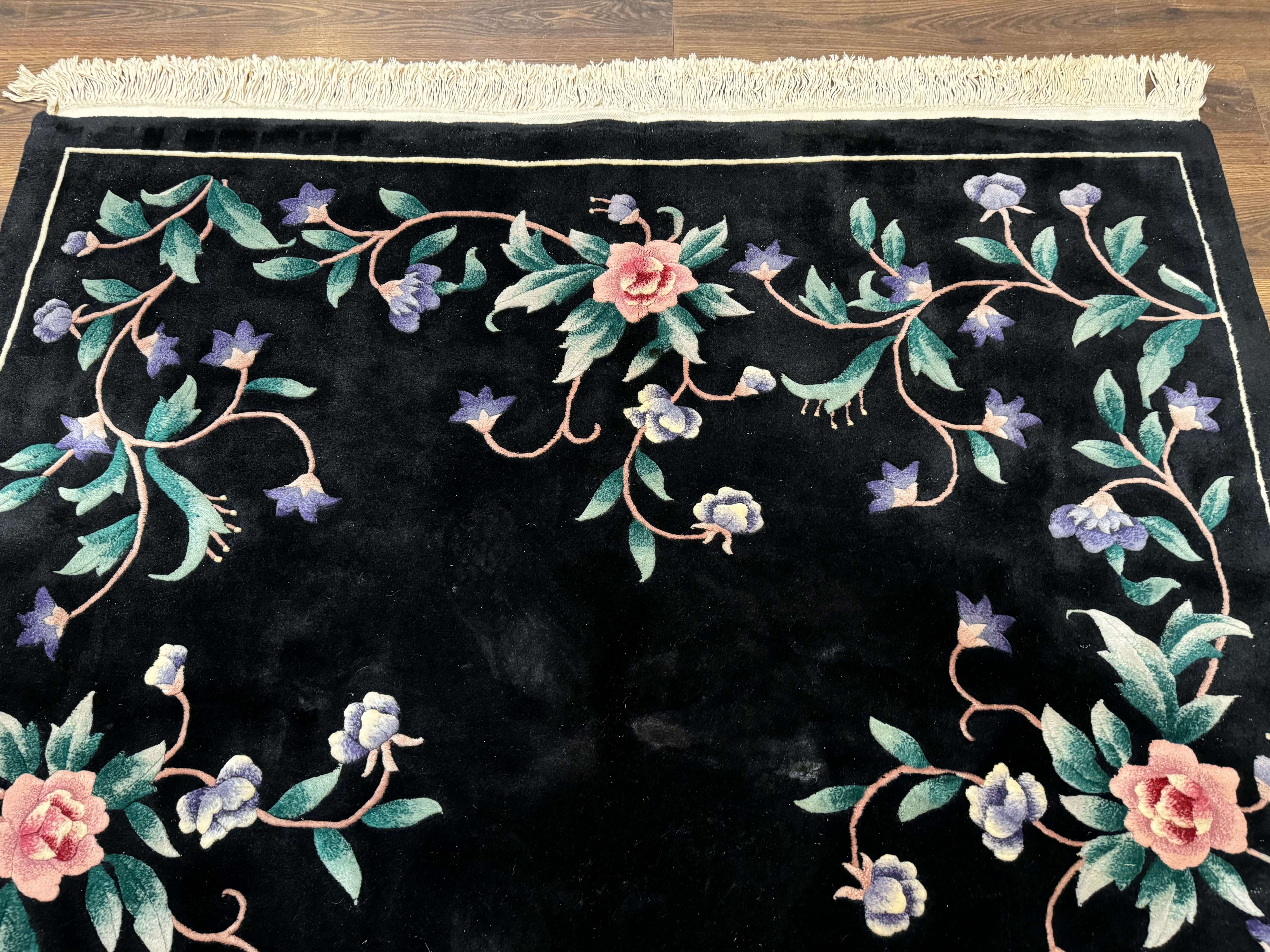 Chinese Wool Rug 6x9, Black, Floral, Minimal Design, 90 Line Carpet, Vintage Art Deco Rug - Jewel Rugs