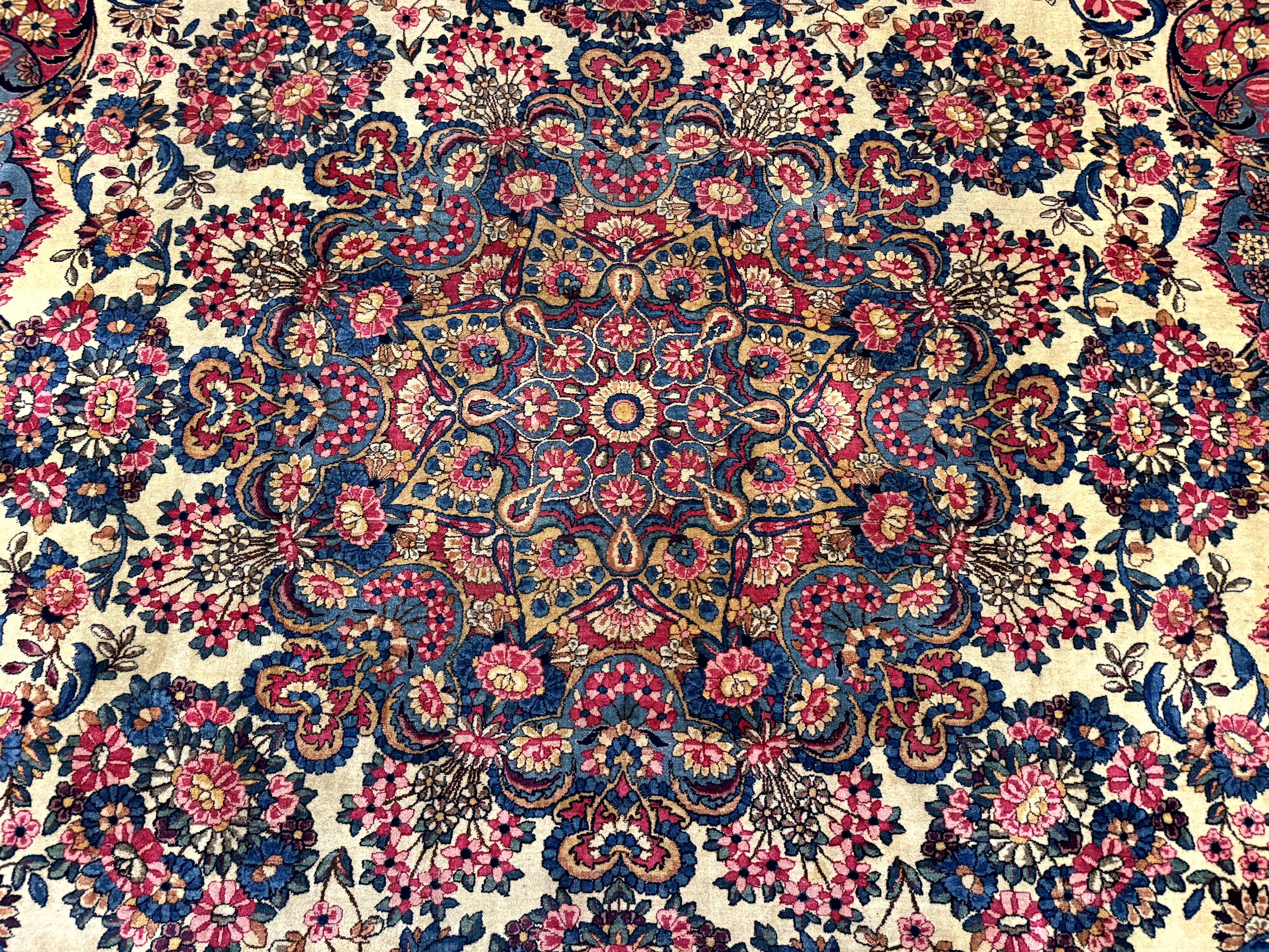 Wonderful Persian Kerman Rug 11x16, Rare Antique Palace Size Persian Carpet, Cream Blue Red, Colorful - Jewel Rugs