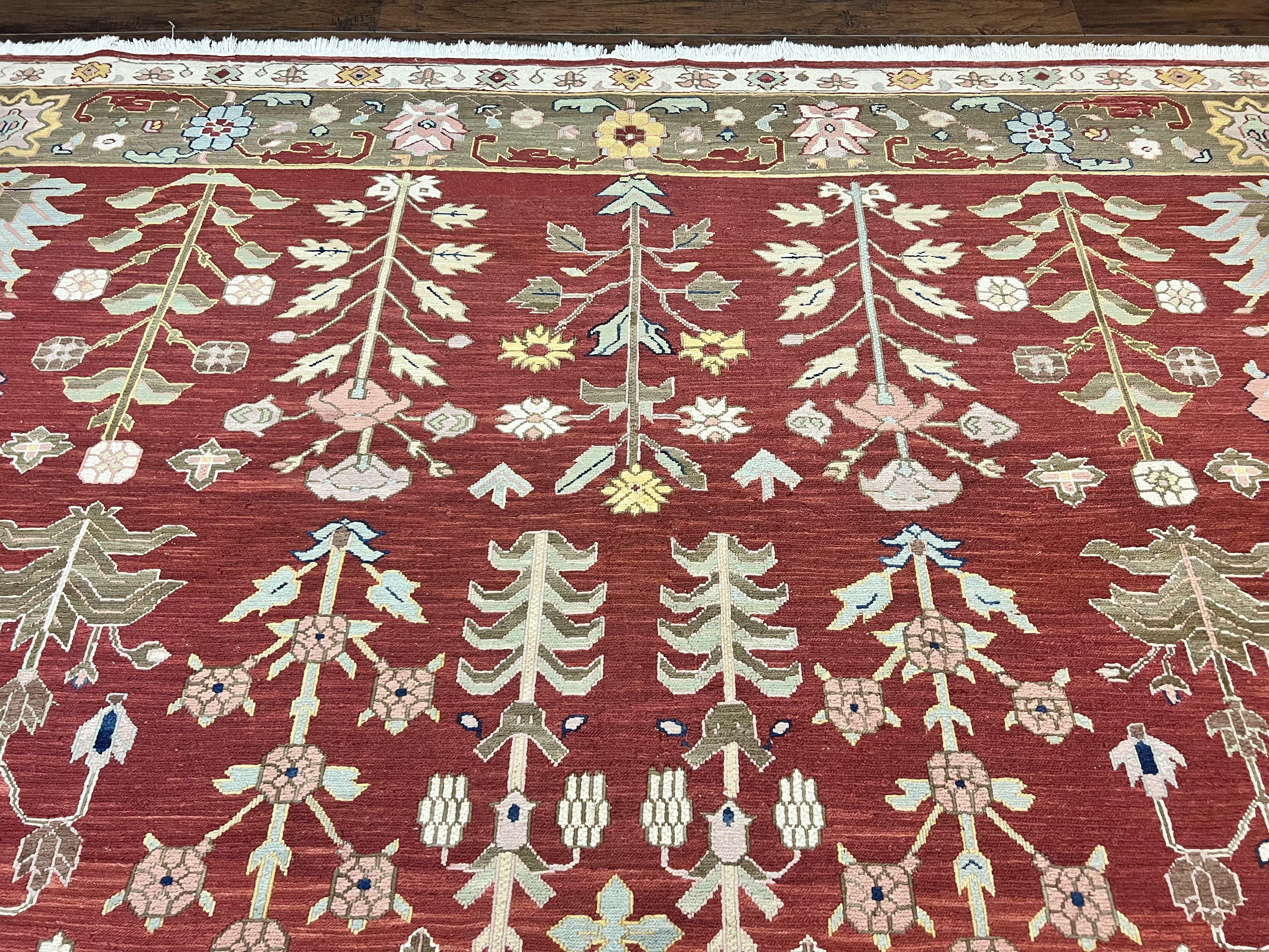Indian Rug 10x14, Wool Hand Knotted Flatweave Carpet, Tree of Life, Red and Green - Jewel Rugs