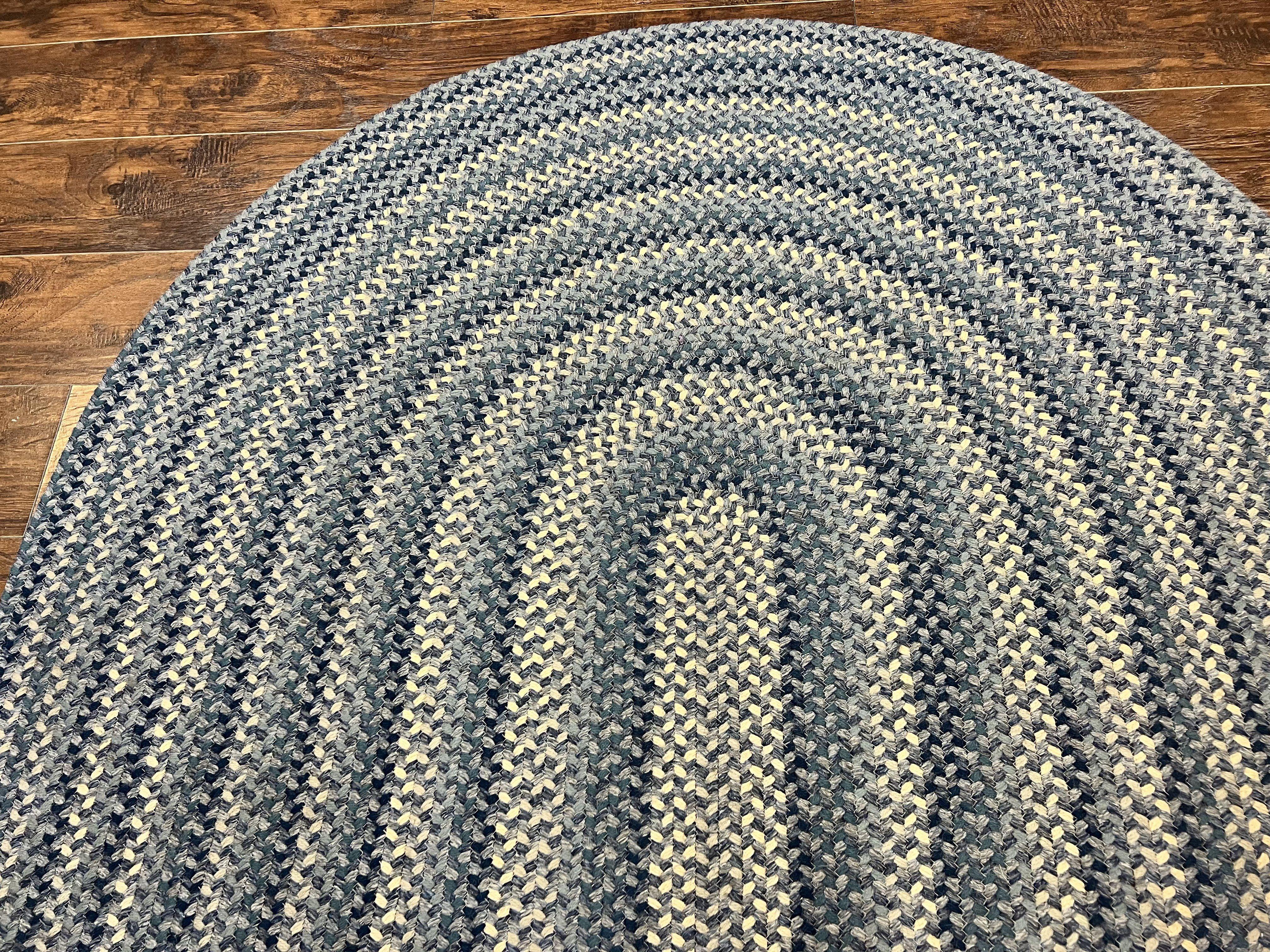 American Oval Braided Rug 5x8 Wool Handmade Vintage Carpet, Multicolor, Blues Gray Cream - Jewel Rugs