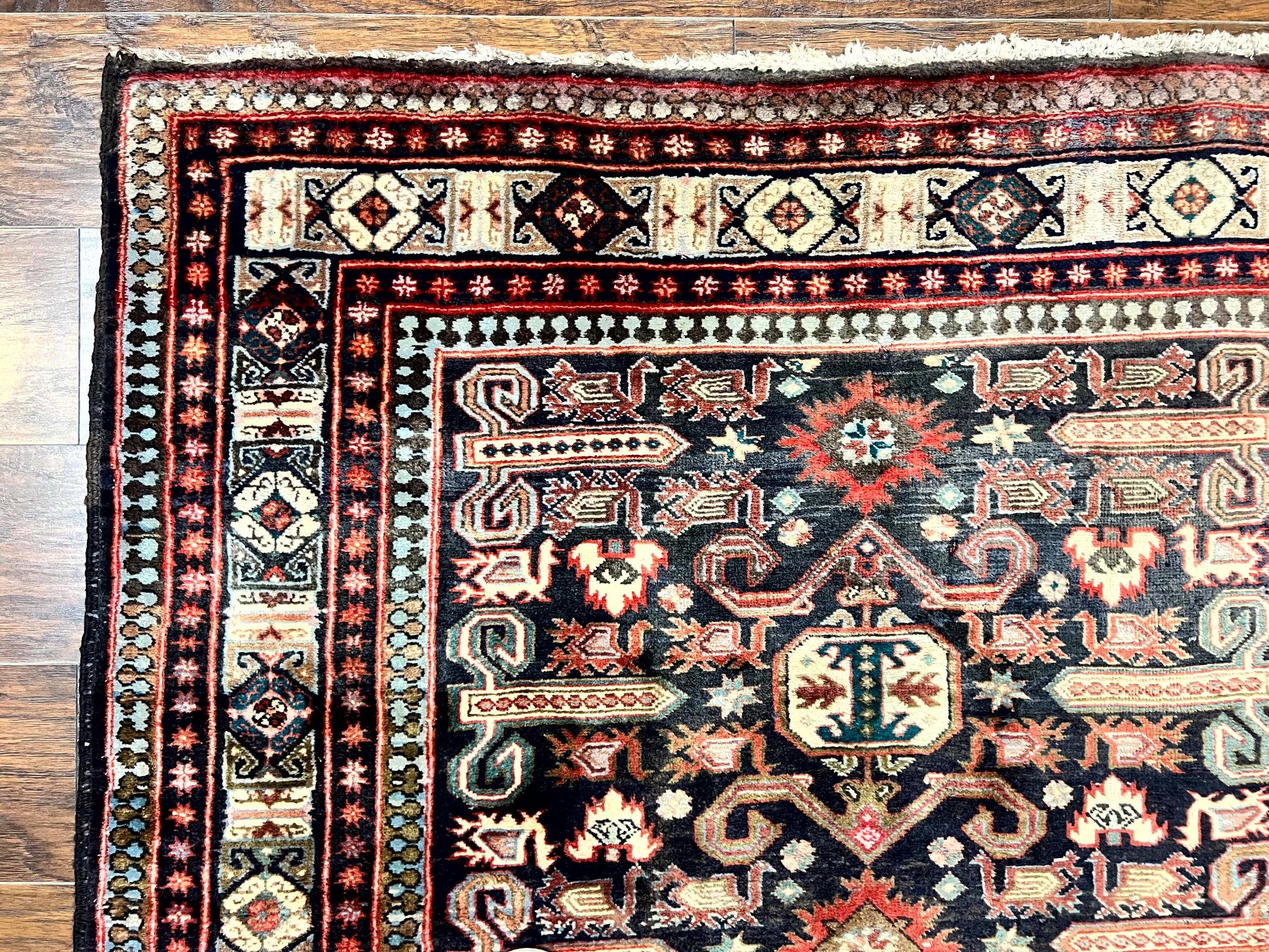 Persian Wide Runner Rug 4.8 x 10, Persian Kalegi Ardabil Rug, Perpedil Caucasian Rug, Antique Handmade Wool Carpet, Navy Blue Red, Tribal Rug - Jewel Rugs