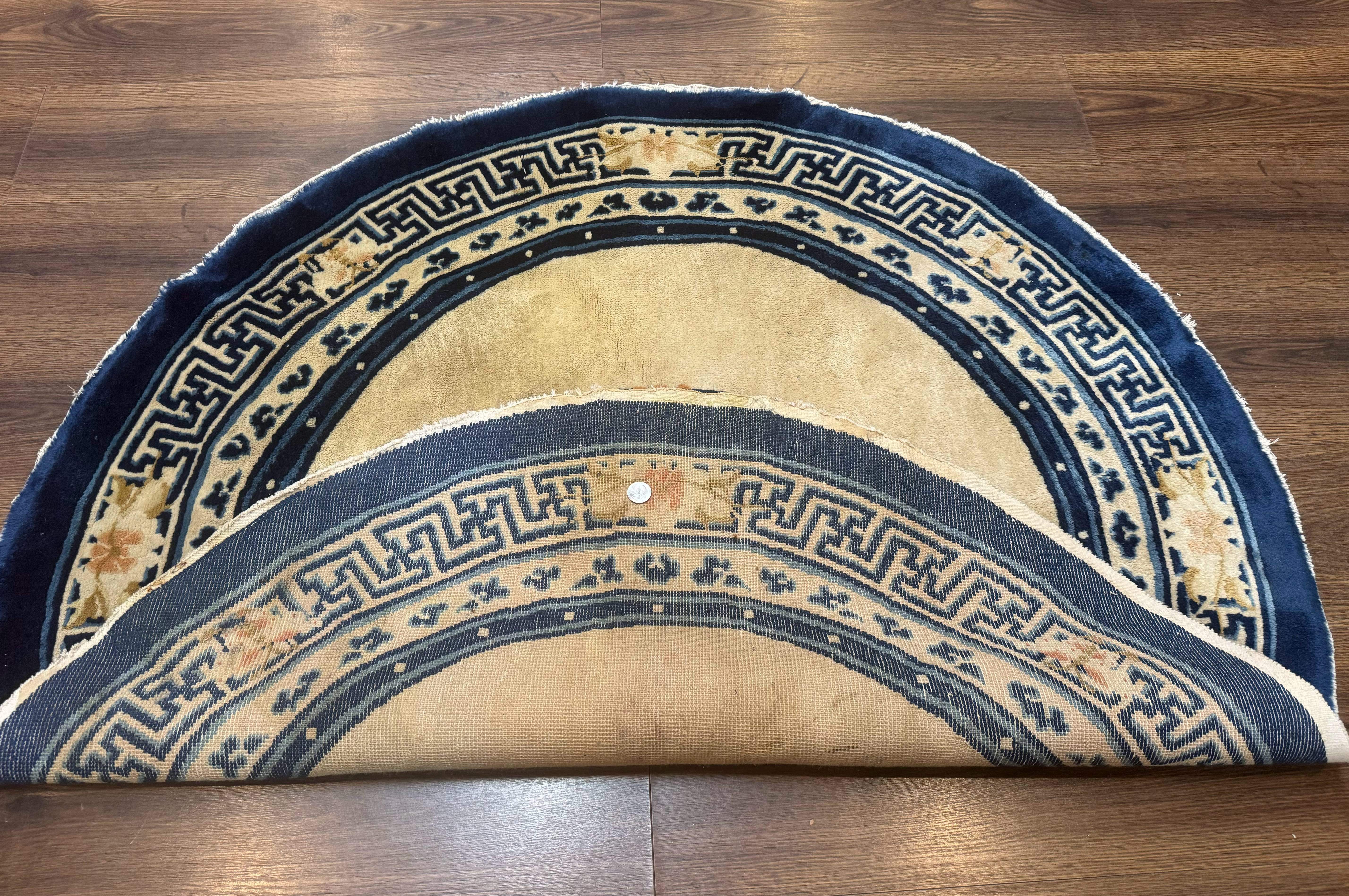 Round Antique Chinese Peking Rug 4x4, Cream and Blue, Wool - Jewel Rugs