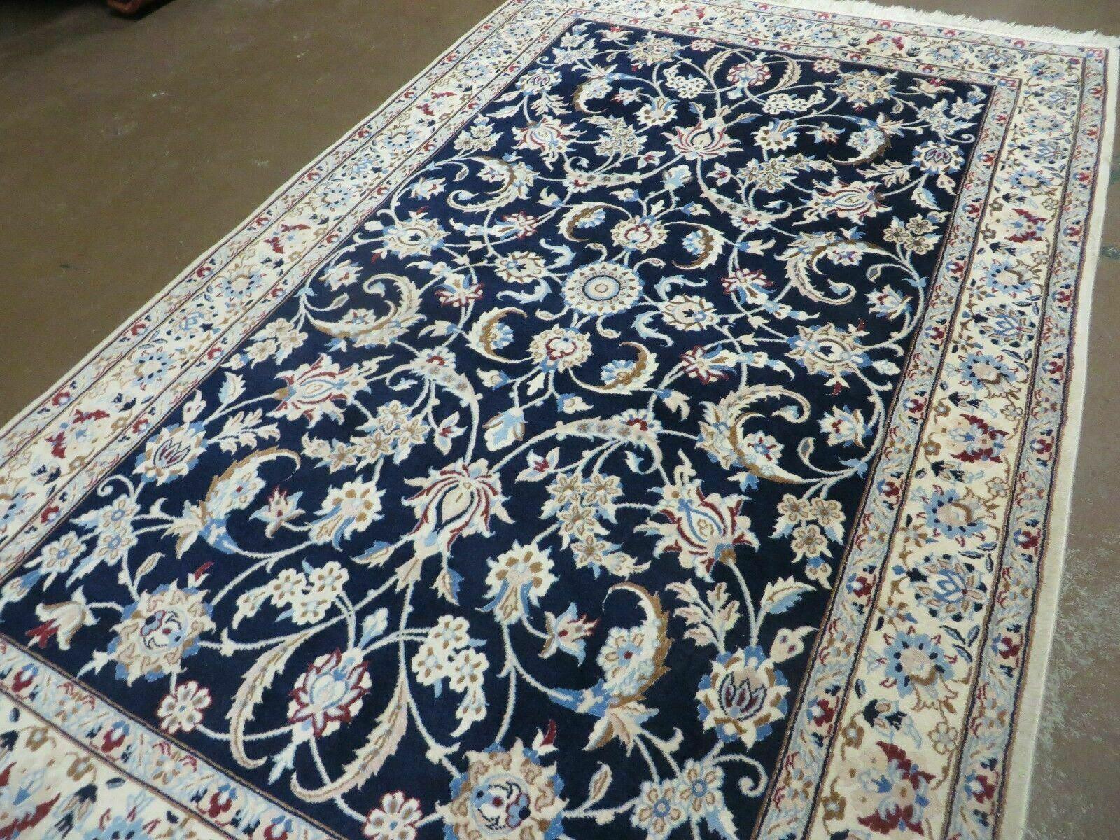 Persian Nain Rug 4x7, Navy Blue and Ivory, Handmade, Wool & Silk Highlights, Fine Oriental Rug, Vintage - Jewel Rugs