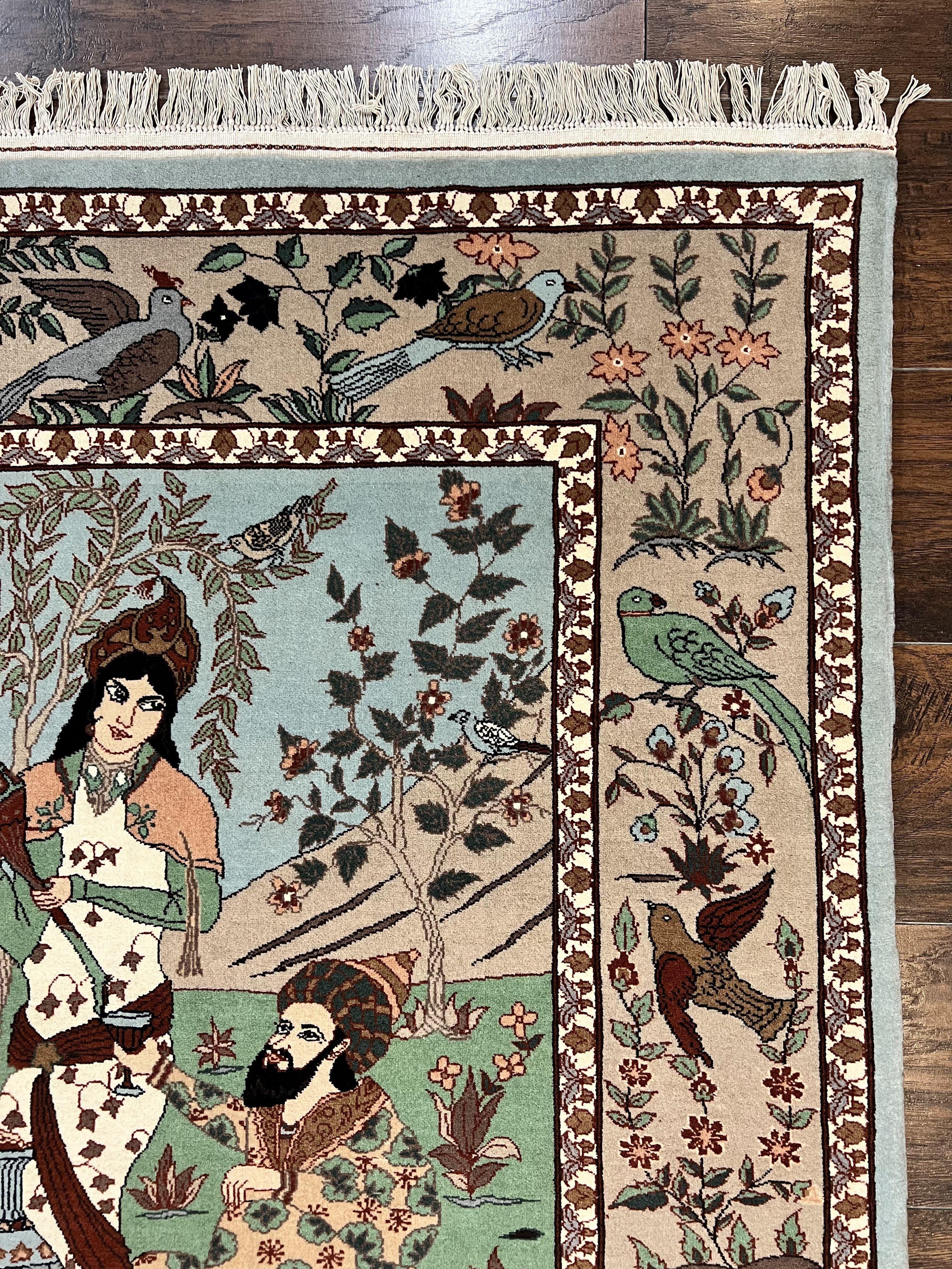 Indo Persian Pictorial Rug 4x7, Handmade Hand Knotted Wool Semi Antique Horizontal Carpet, Men & Women Drinking, Fine Rug, Bird Pictorials - Jewel Rugs