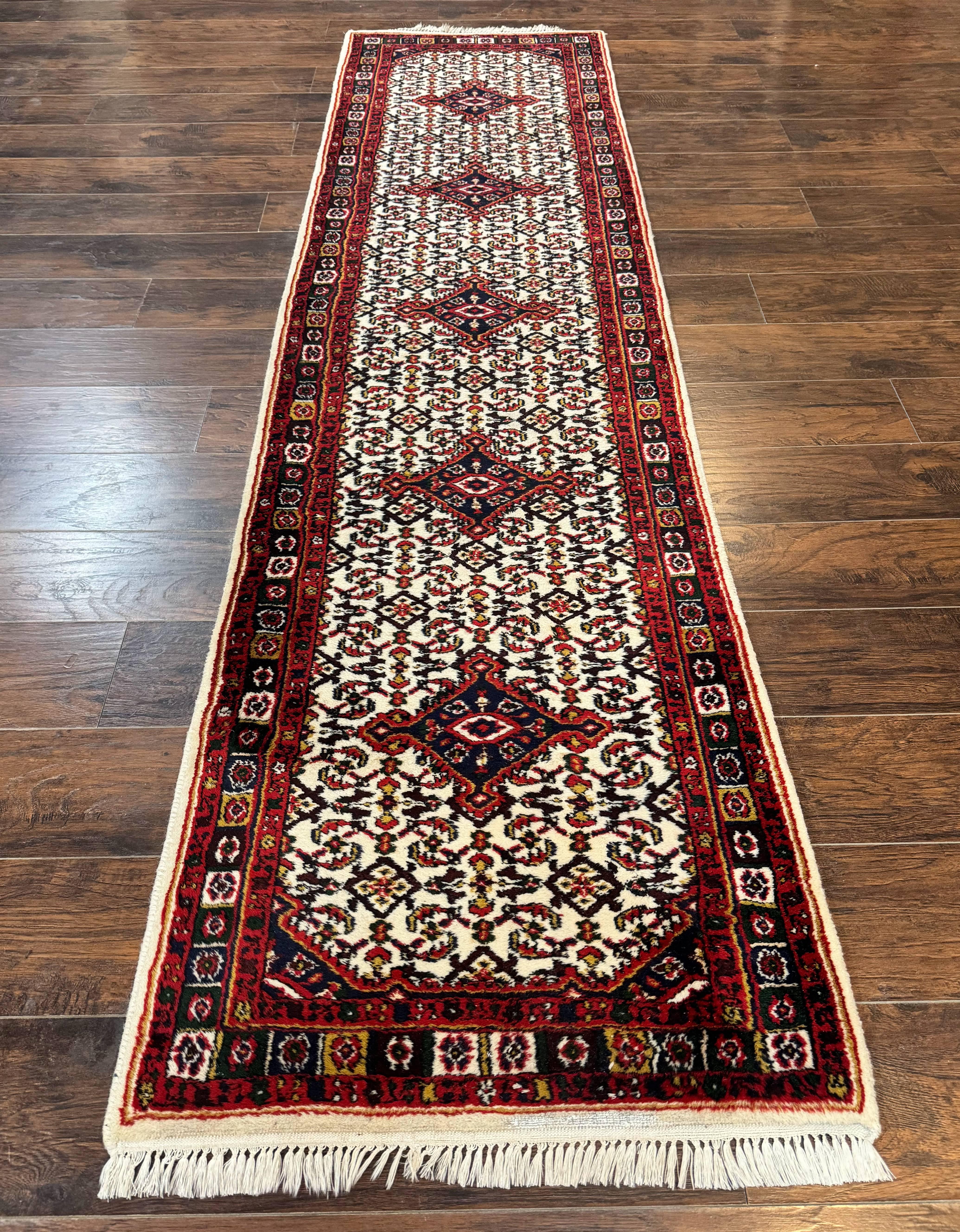 Indo Persian Bidjar Runner Rug 2.8 x 10, Vintage Rug for Hallway, 10ft Runner, Wool Handmade Ivory and Red, Medallions - Jewel Rugs