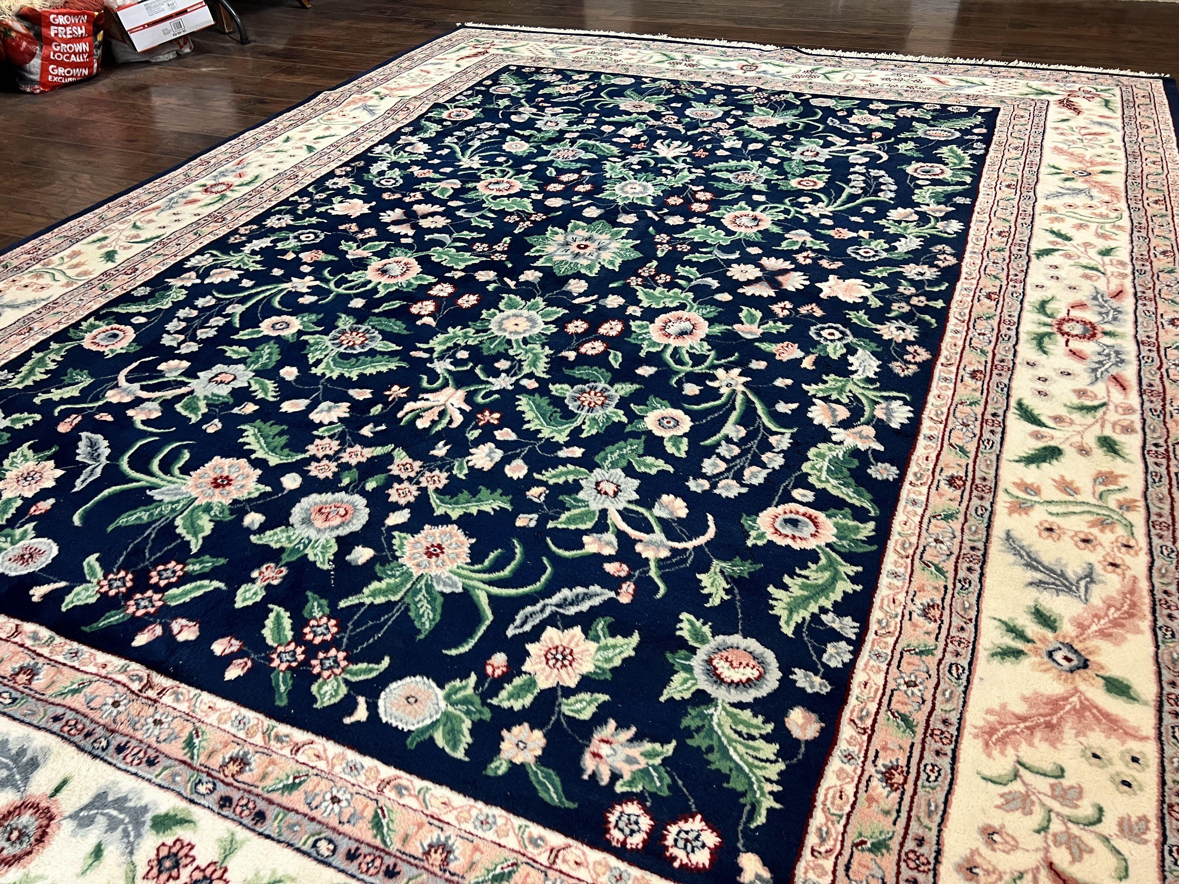 Indo Persian Rug 9x12, Wool Hand Knotted Vintage Carpet, Navy Blue & Ivory, Floral Allover Oriental Rug, 9 x 12 Room Sized Traditional Rug - Jewel Rugs