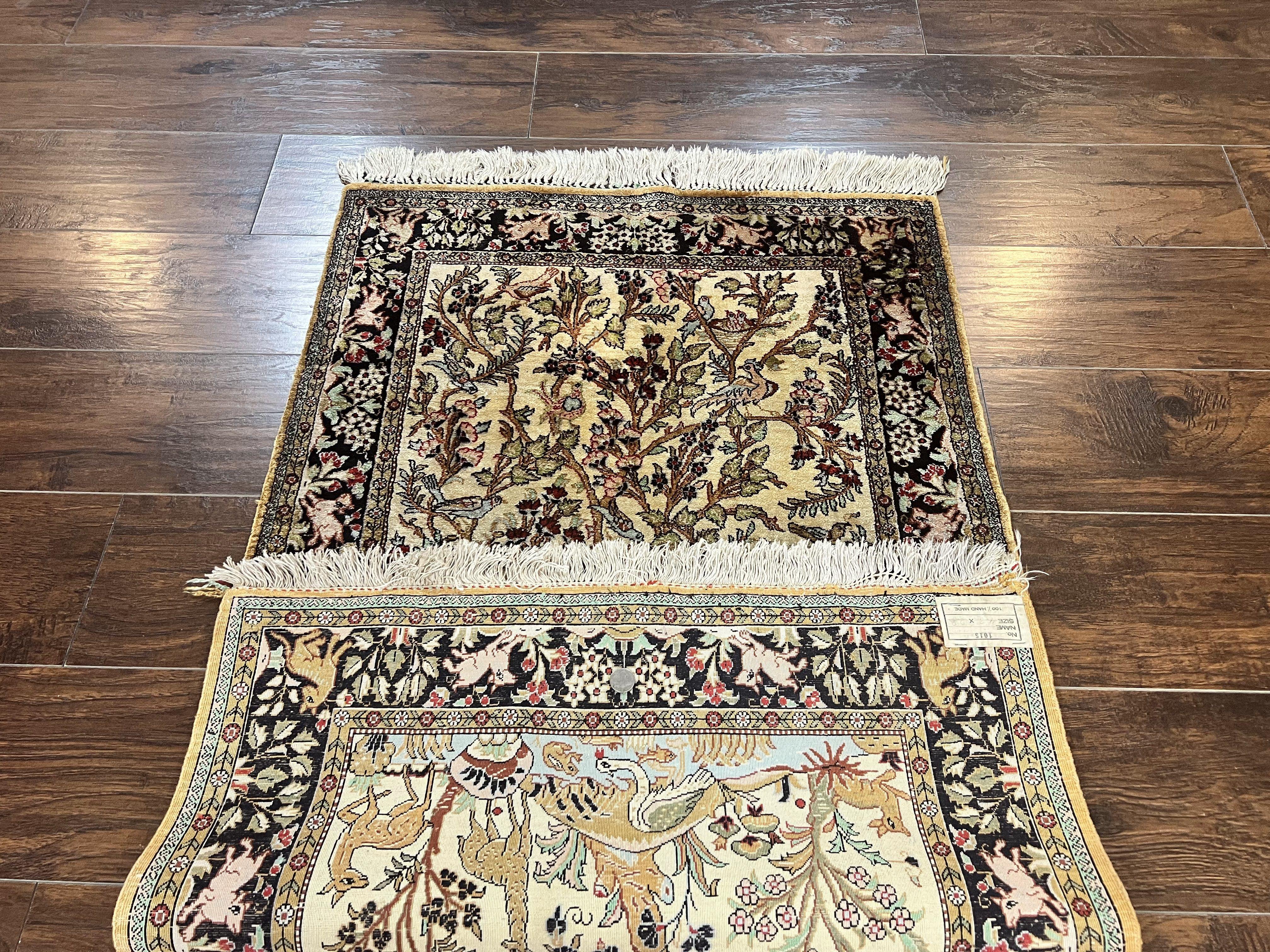 Silk Tree of Life Persian Qum Rug 3x4, Hand Knotted Vintage Carpet, Cream & Black, Very Fine Oriental Rug, Animal Pictorials, Birds - Jewel Rugs