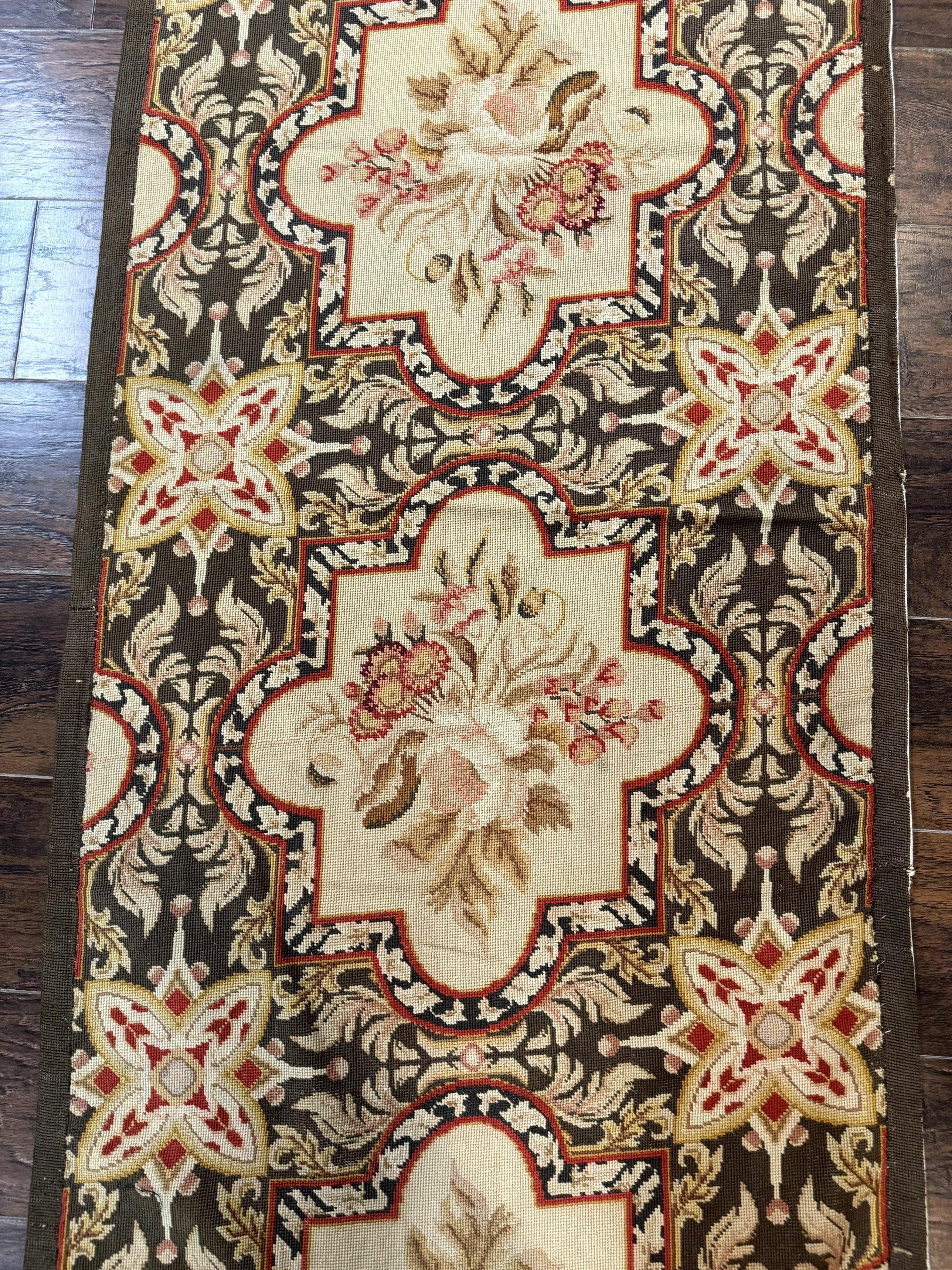 Needlepoint Runner Rug 2.7 x 9.7, European French Design, Wool, Handmade, Vintage - Jewel Rugs