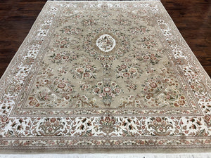 Sino Persian Rug 8x10, Soft Wool, Silk Highlights, Hand Knotted Vintage Carpet, Taupe & Ivory, Floral, Traditional Rug 8 x 10