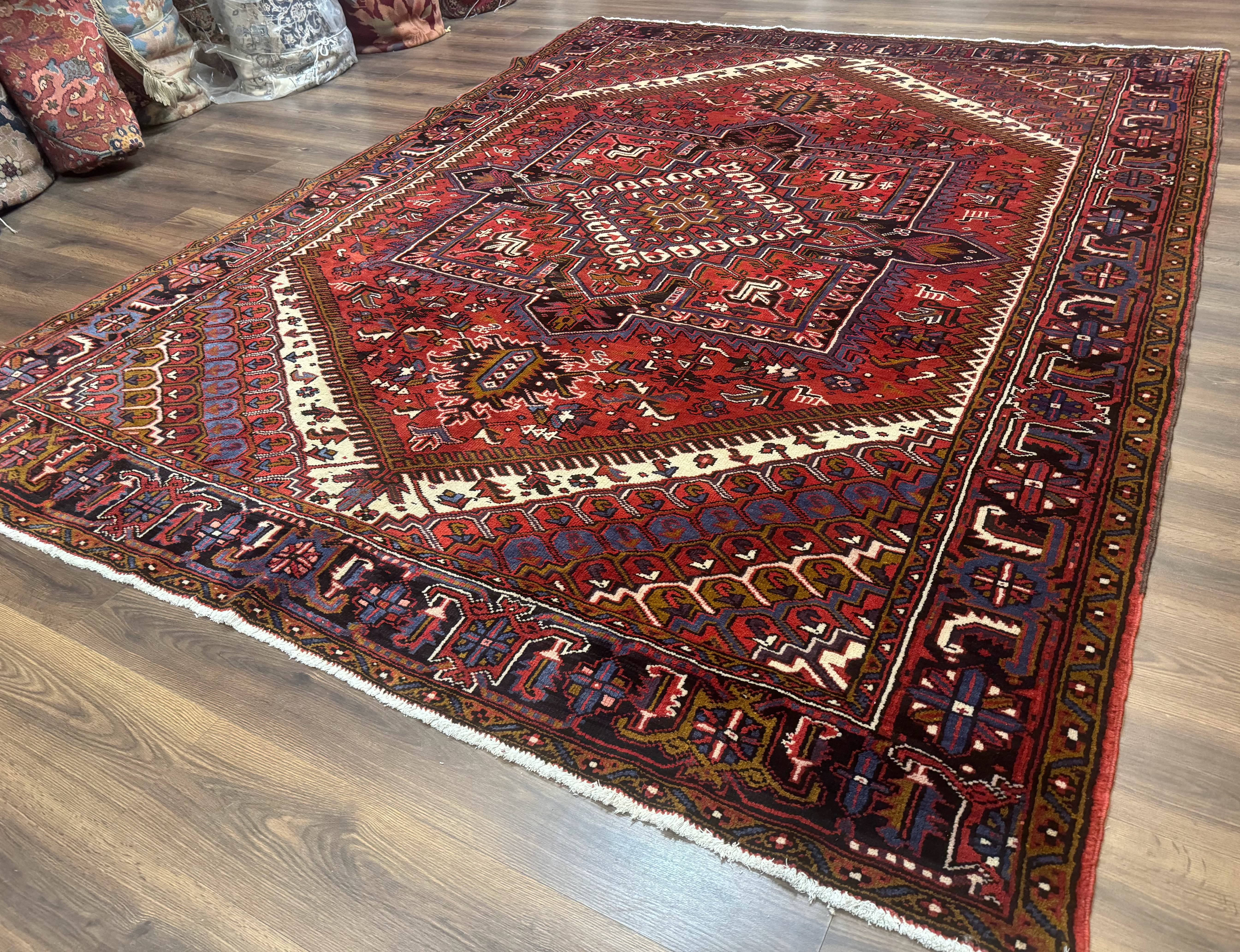 Persian Heriz Rug 8.6 x 11, Geometric Design, Red, Vintage - Jewel Rugs