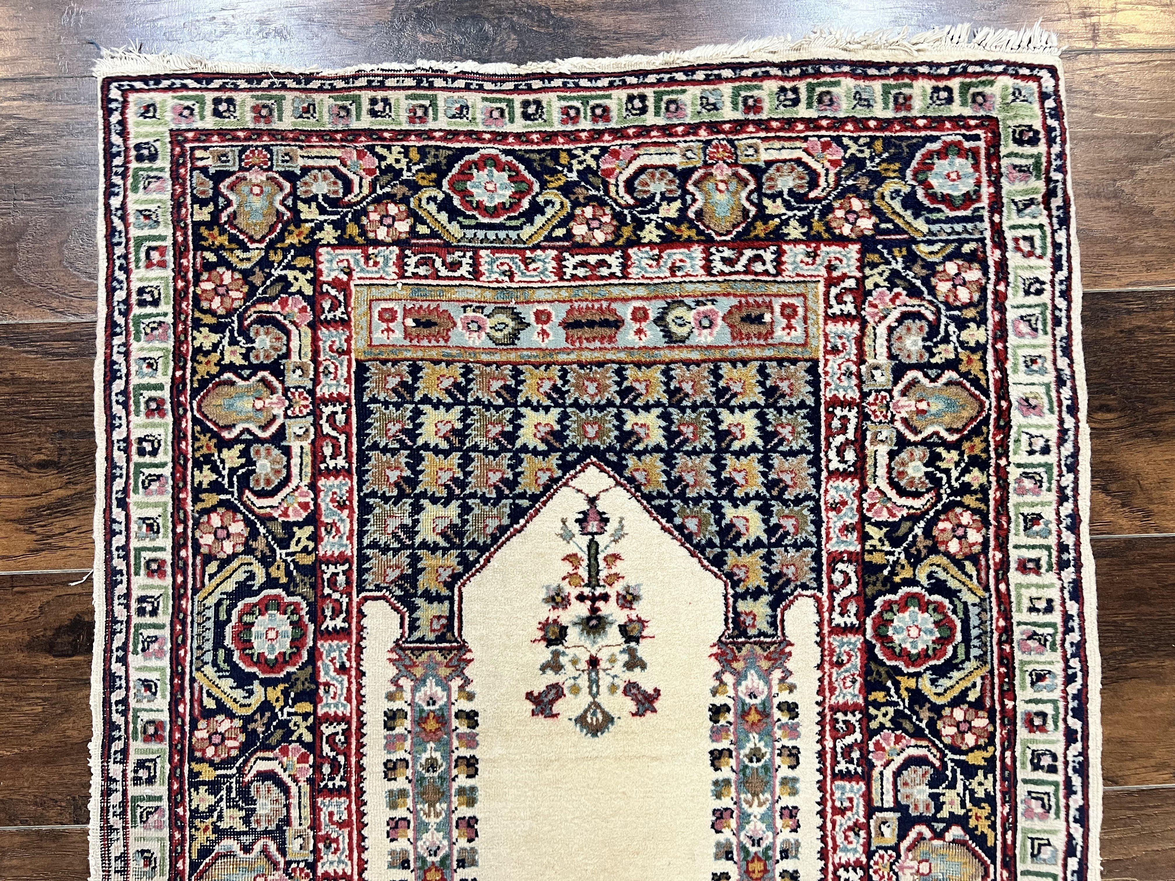 Turkish Prayer Rug 2.5 x 4, Vintage Wool Hand Knotted Carpet, Ivory - Jewel Rugs