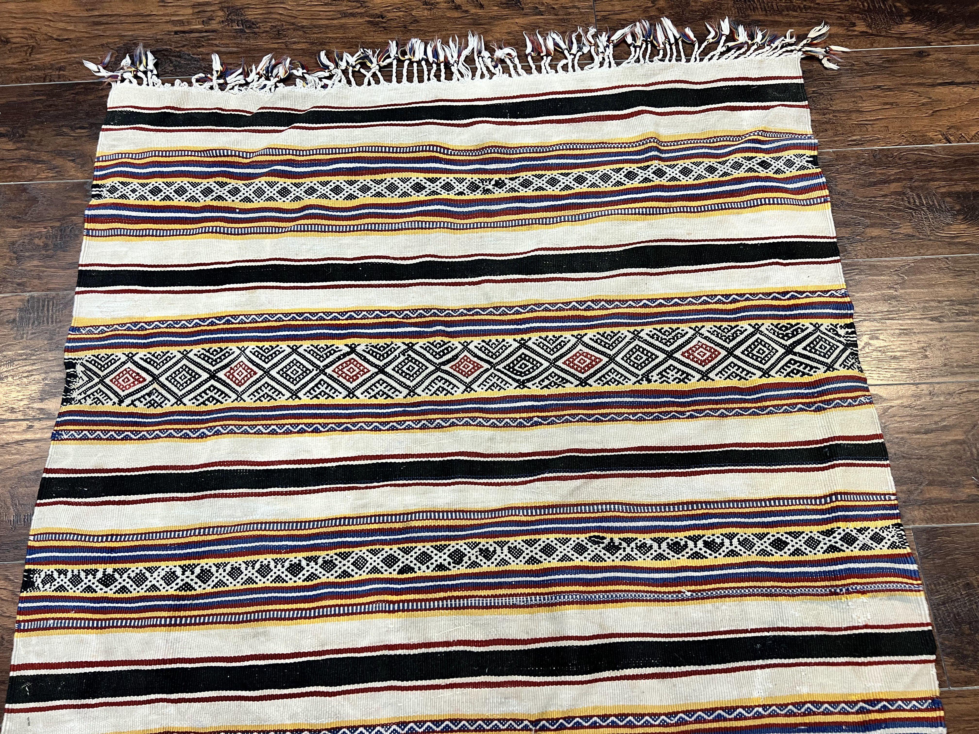 South American Kilim Rug 4x7 ft, Wool Handmade Vintage Carpet, Ivory Black Multicolor Stripes, Bohemian Blanket Rug, Flatweave Area Rug - Jewel Rugs